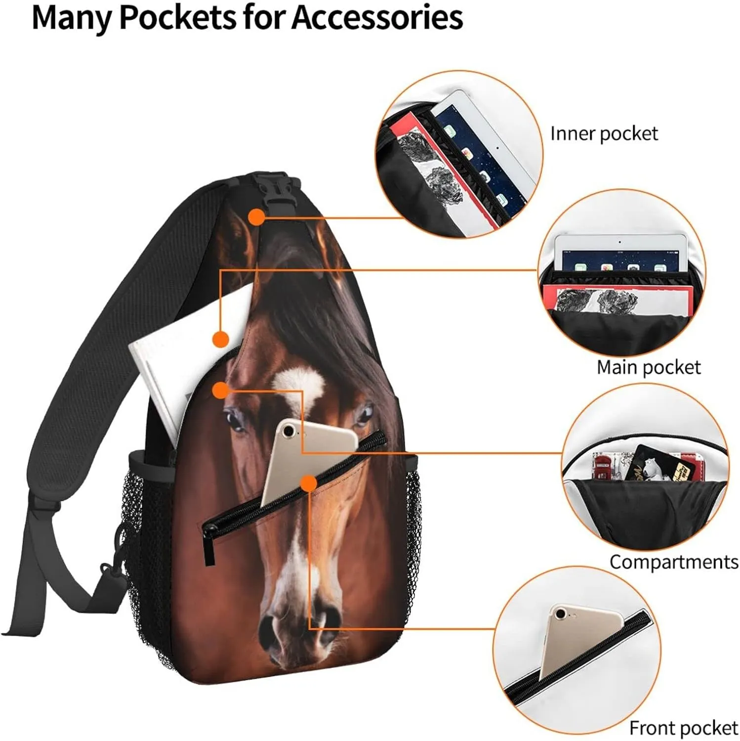 Women Handsome Brown Horse Crossbody Sling Backpack for Men Chest Bag Shoulder Bag Lightweight One Strap Backpack Travel Outdoor Daypack