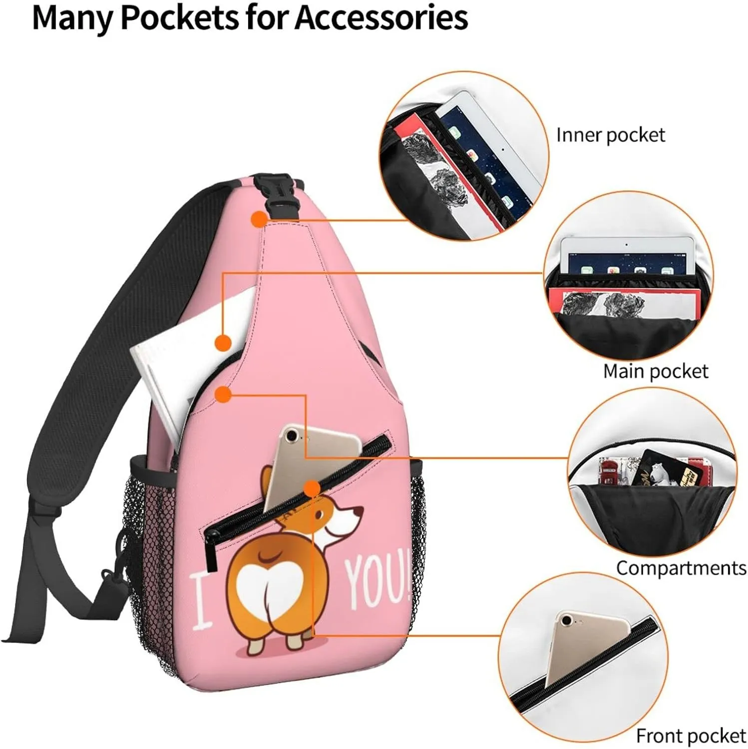 Women I Love You Corgi Bun Crossbody Sling Backpack for Men Chest Bag Shoulder Bag Lightweight One Strap Backpack Travel Outdoor Daypack
