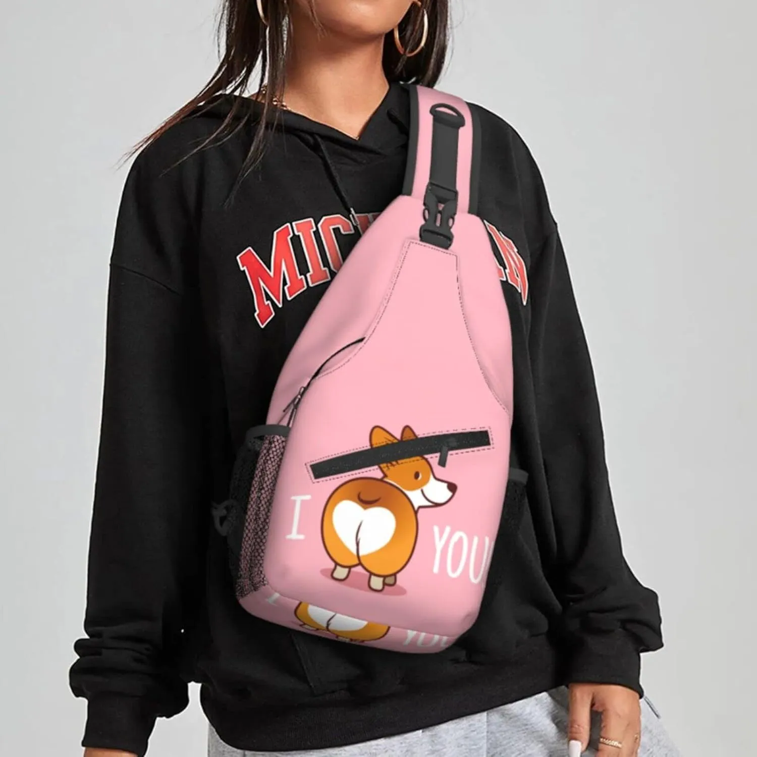 Women I Love You Corgi Bun Crossbody Sling Backpack for Men Chest Bag Shoulder Bag Lightweight One Strap Backpack Travel Outdoor Daypack