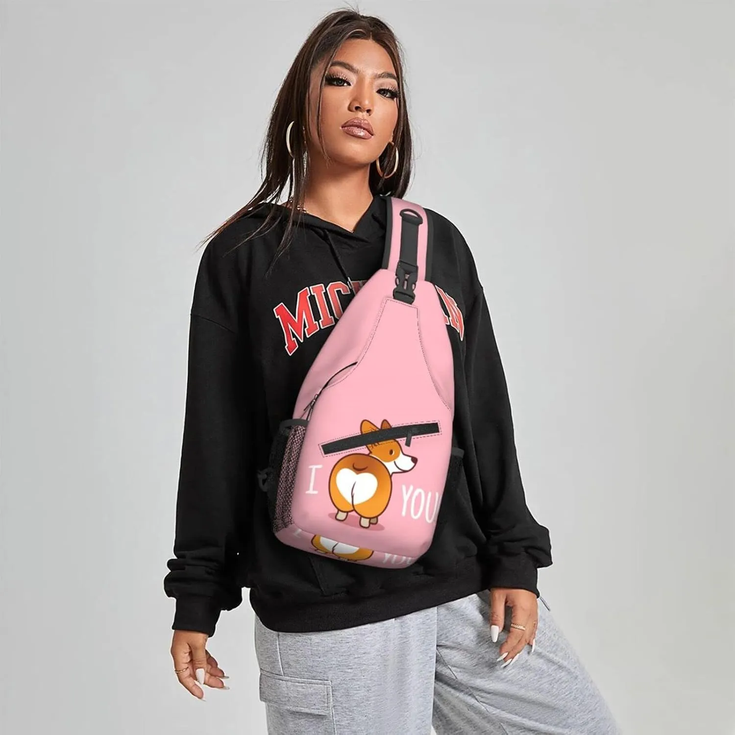 Women I Love You Corgi Bun Crossbody Sling Backpack for Men Chest Bag Shoulder Bag Lightweight One Strap Backpack Travel Outdoor Daypack