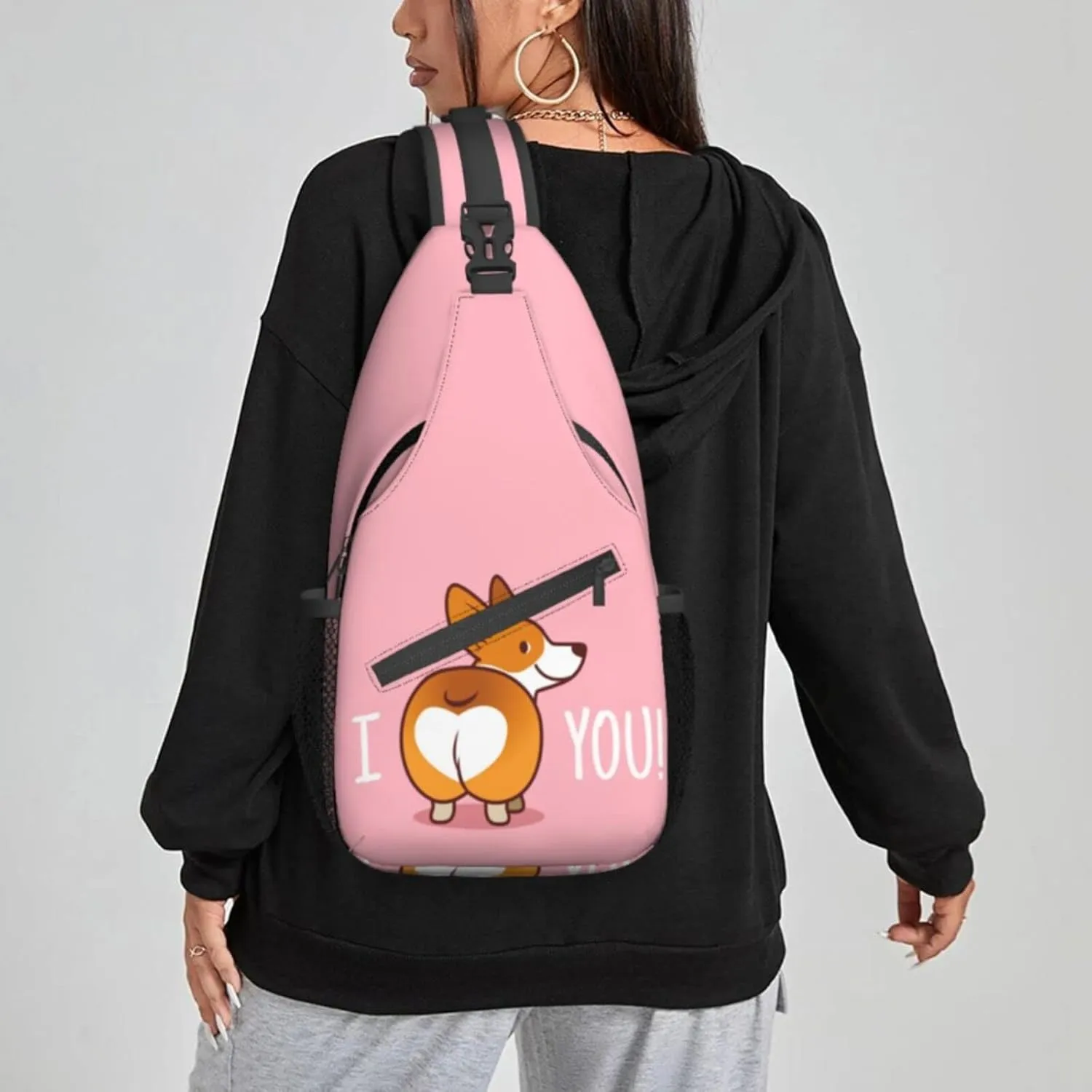 Women I Love You Corgi Bun Crossbody Sling Backpack for Men Chest Bag Shoulder Bag Lightweight One Strap Backpack Travel Outdoor Daypack