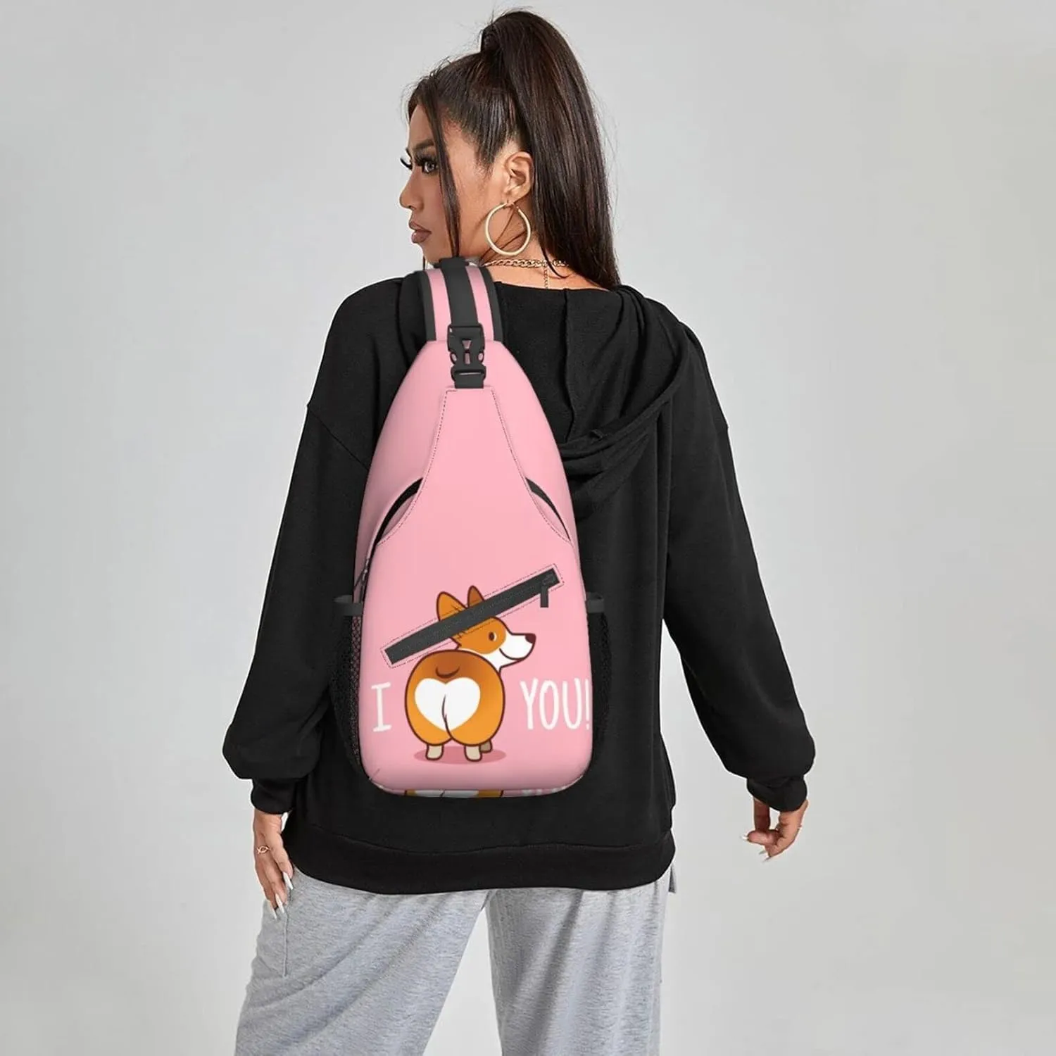 Women I Love You Corgi Bun Crossbody Sling Backpack for Men Chest Bag Shoulder Bag Lightweight One Strap Backpack Travel Outdoor Daypack