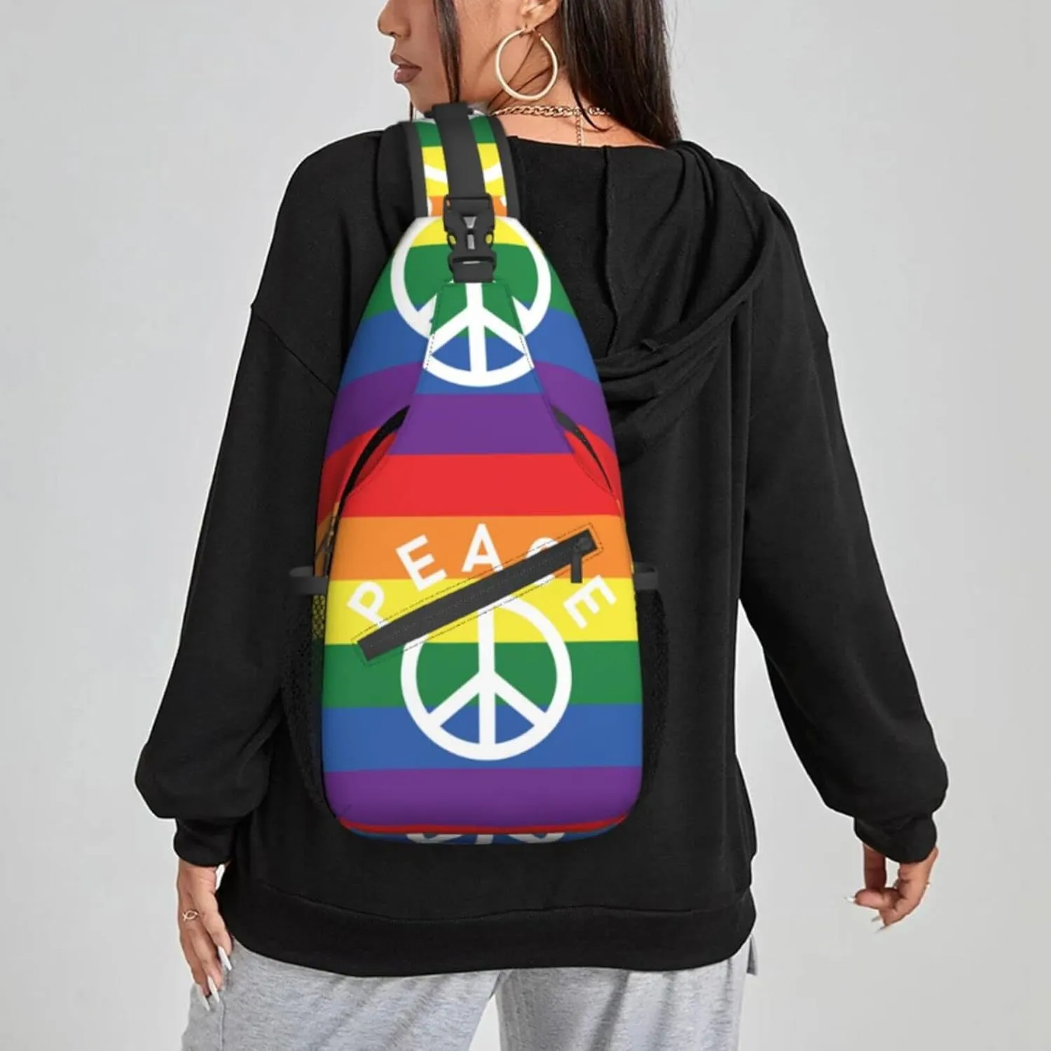 Women Rainbow Flag Peace Symbol Crossbody Sling Backpack for Men Chest Bag Shoulder Bag Lightweight One Strap Backpack Travel Outdoor Daypack