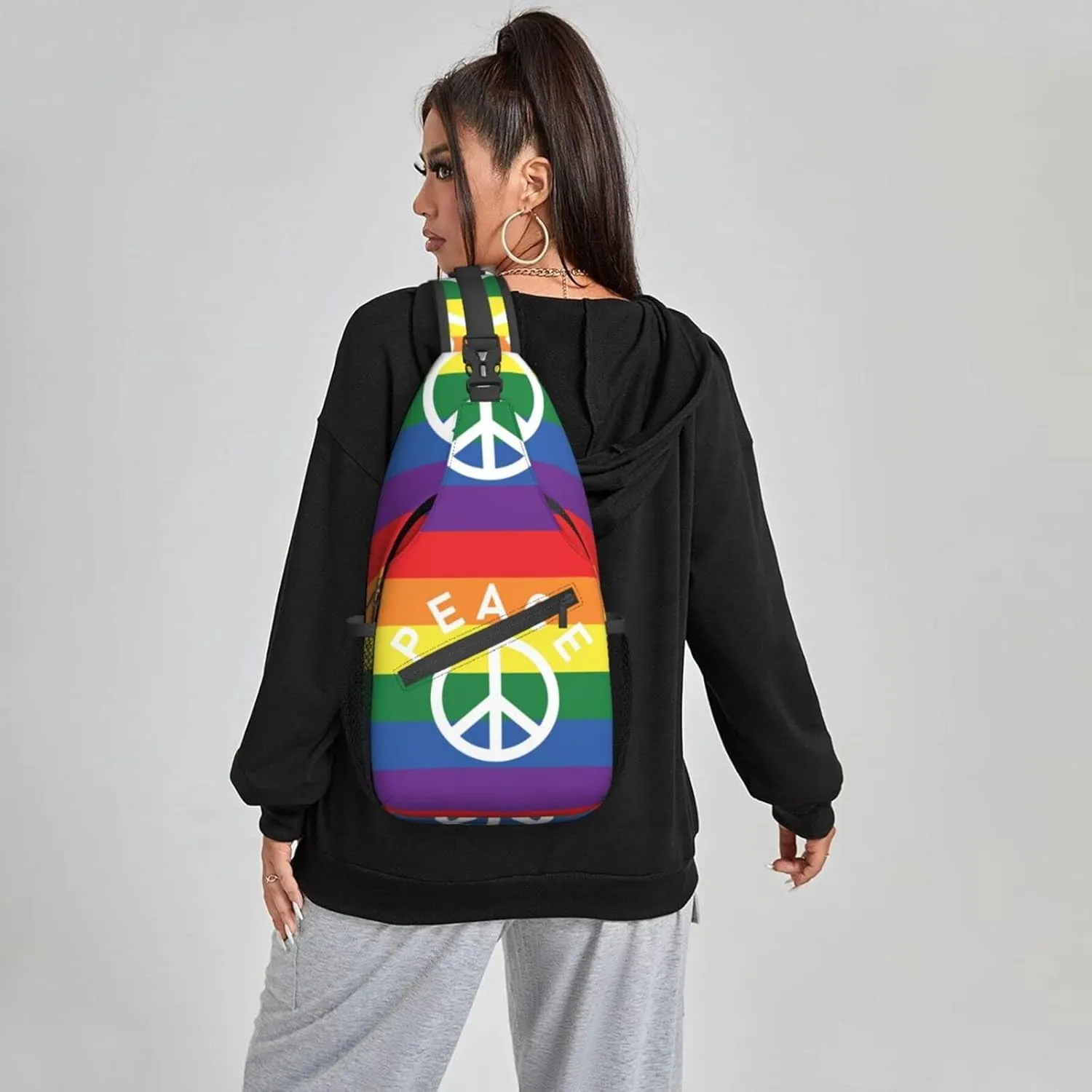 Women Rainbow Flag Peace Symbol Crossbody Sling Backpack for Men Chest Bag Shoulder Bag Lightweight One Strap Backpack Travel Outdoor Daypack