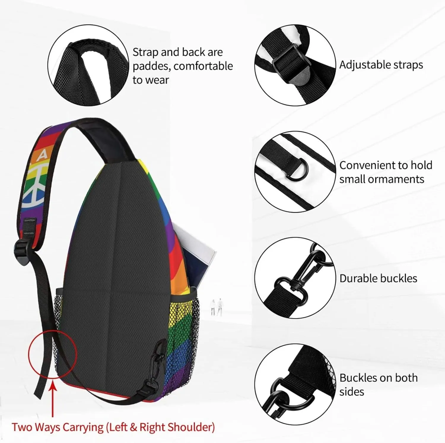 Women Rainbow Flag Peace Symbol Crossbody Sling Backpack for Men Chest Bag Shoulder Bag Lightweight One Strap Backpack Travel Outdoor Daypack