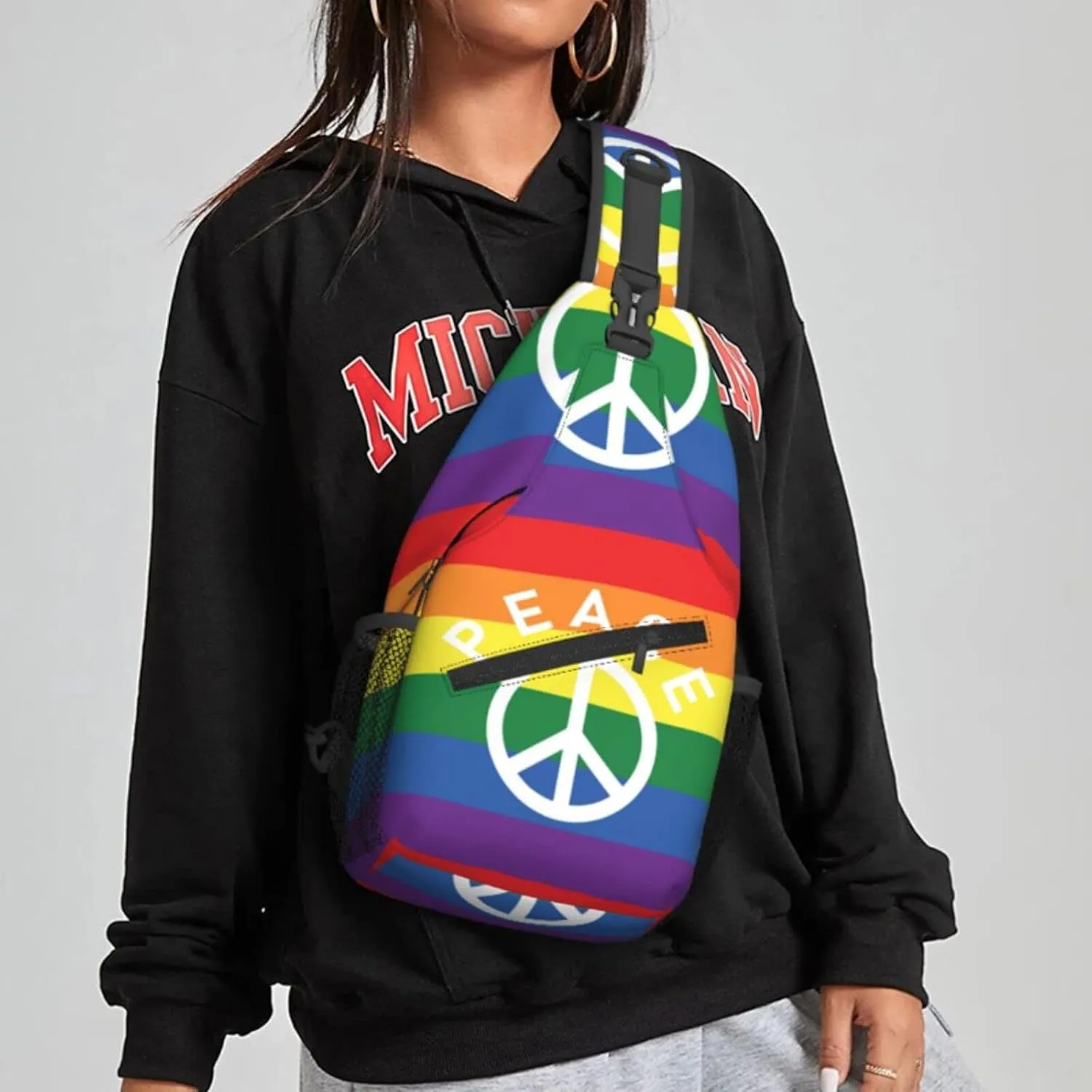 Women Rainbow Flag Peace Symbol Crossbody Sling Backpack for Men Chest Bag Shoulder Bag Lightweight One Strap Backpack Travel Outdoor Daypack
