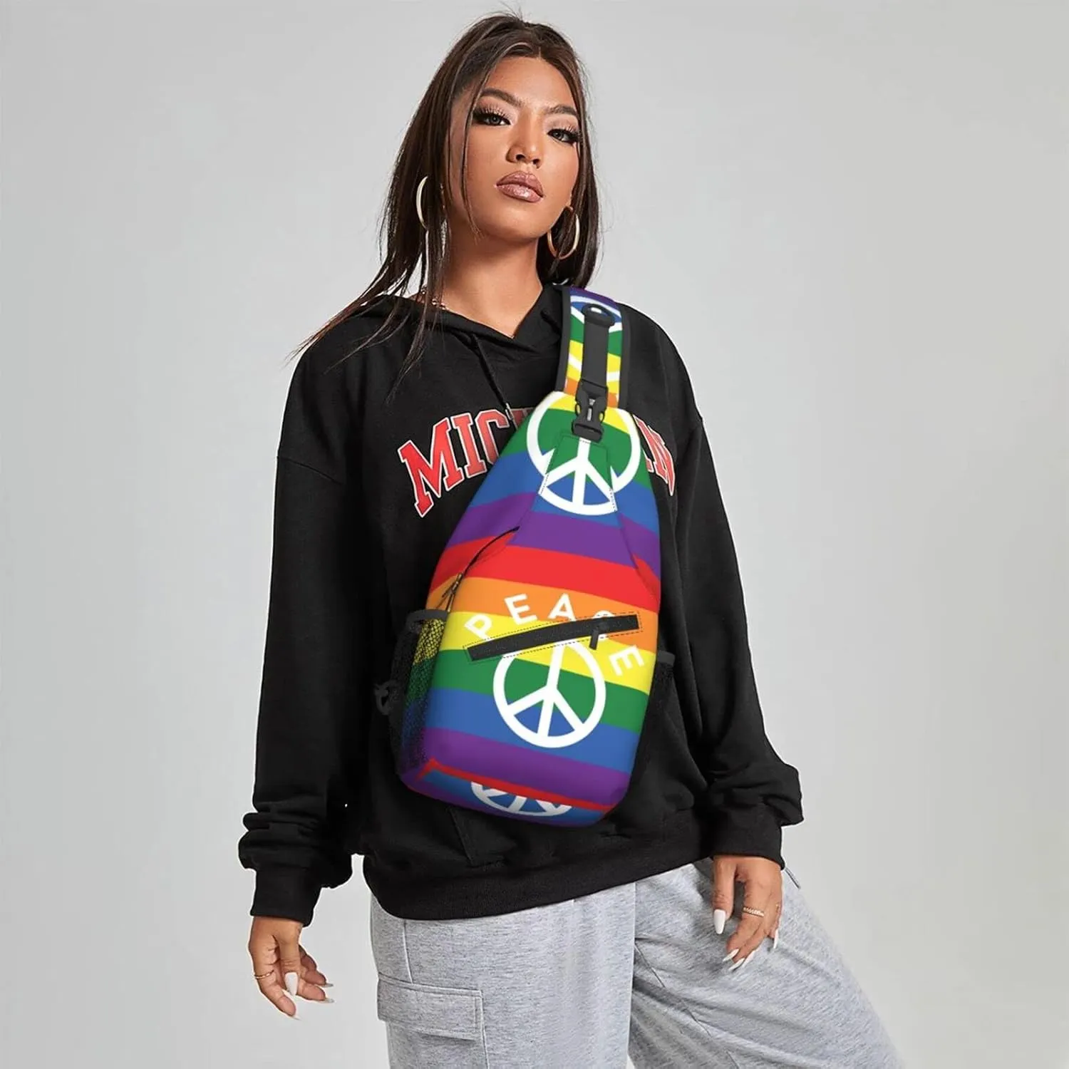 Women Rainbow Flag Peace Symbol Crossbody Sling Backpack for Men Chest Bag Shoulder Bag Lightweight One Strap Backpack Travel Outdoor Daypack