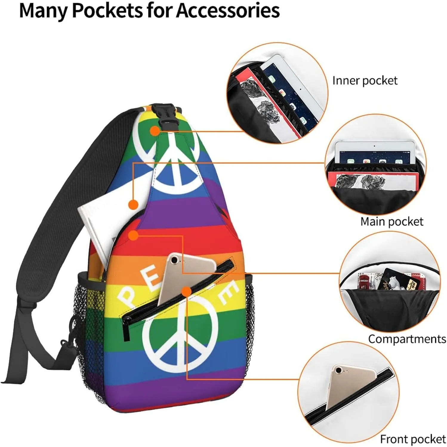Women Rainbow Flag Peace Symbol Crossbody Sling Backpack for Men Chest Bag Shoulder Bag Lightweight One Strap Backpack Travel Outdoor Daypack