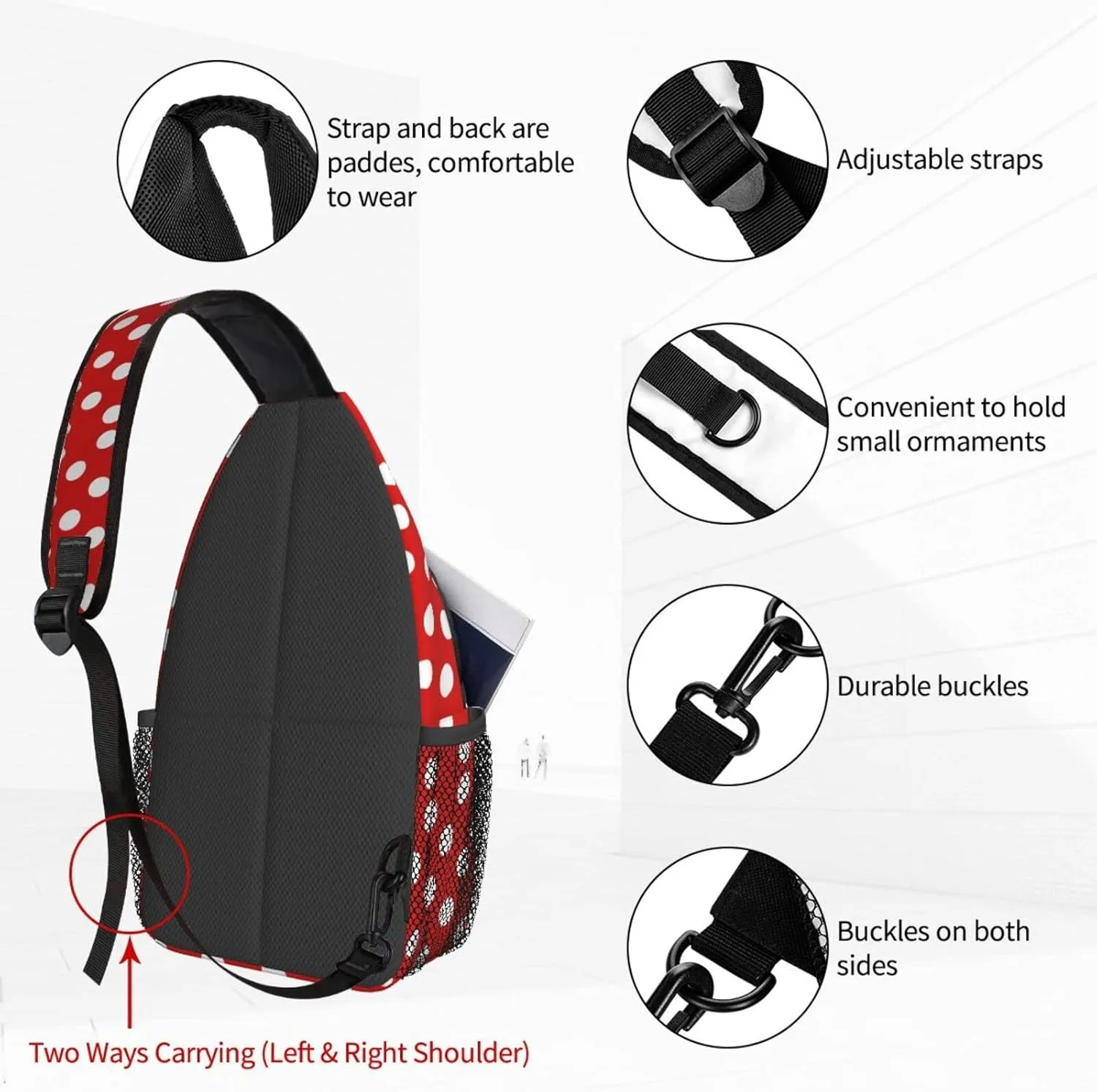 Women Red Polka Dots Crossbody Sling Backpack for Men Chest Bag Shoulder Bag Lightweight One Strap Backpack Travel Outdoor Daypack