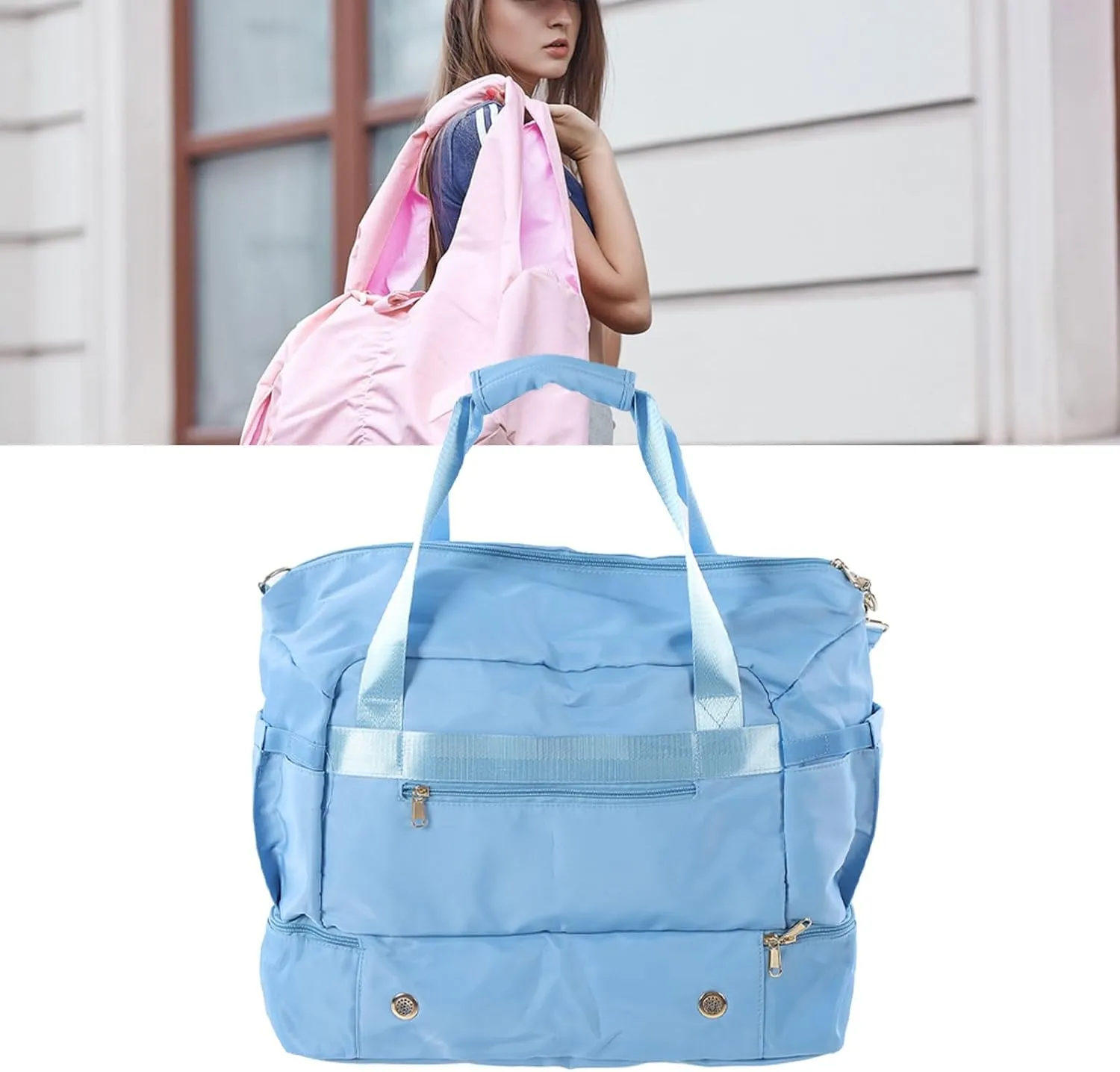 Women Sports Gym Bag Workout Travel Bag with USB Charging Port Multiple Pockets Large Capacity for Fitness Yoga (Light Blue)