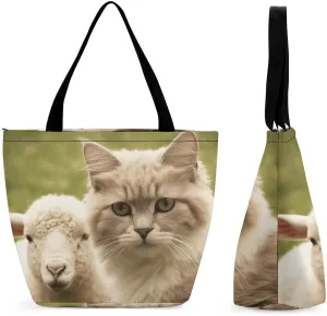 Women Tote Bags with Handles Cat And Sheep Shoulder Bag with Zipper Handbags Shopping Bags Travel Bag Beach Bag Reusable Grocery Bag for Swim Holiday Gift