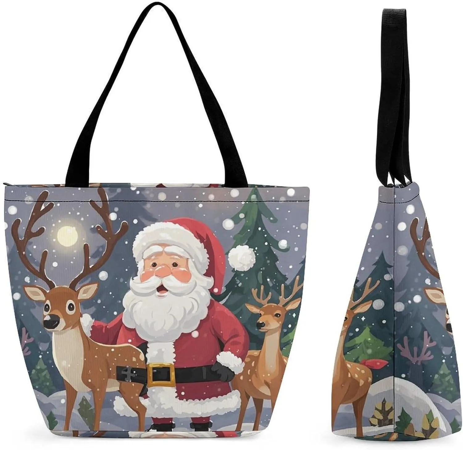 Women Tote Bags with Handles Santa Claus And Deer Elk Shoulder Bag with Zipper Handbags Shopping Bags Travel Bag Beach Bag Reusable Grocery Bag for Swim Holiday Gift