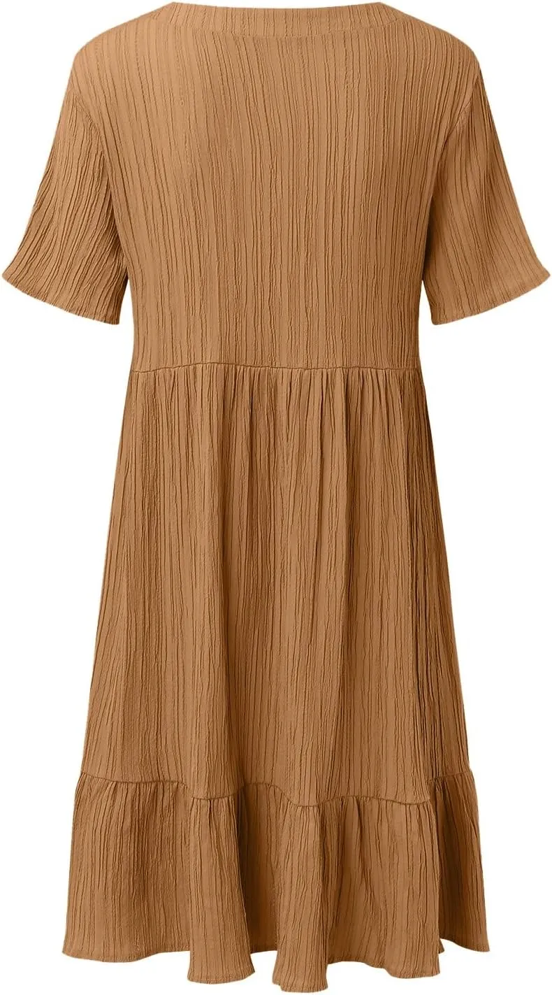 Women V Neck Babydoll Dresses 2025 Summer Short Sleeve Ruffle Swing Flowy Loose Fit Casual Summer Mini Cute Dress