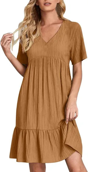 Women V Neck Babydoll Dresses 2025 Summer Short Sleeve Ruffle Swing Flowy Loose Fit Casual Summer Mini Cute Dress