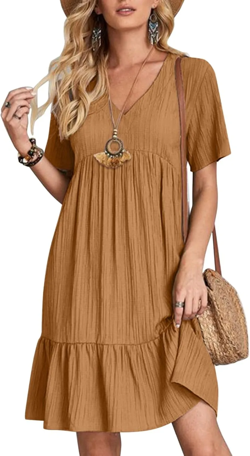 Women V Neck Babydoll Dresses 2025 Summer Short Sleeve Ruffle Swing Flowy Loose Fit Casual Summer Mini Cute Dress