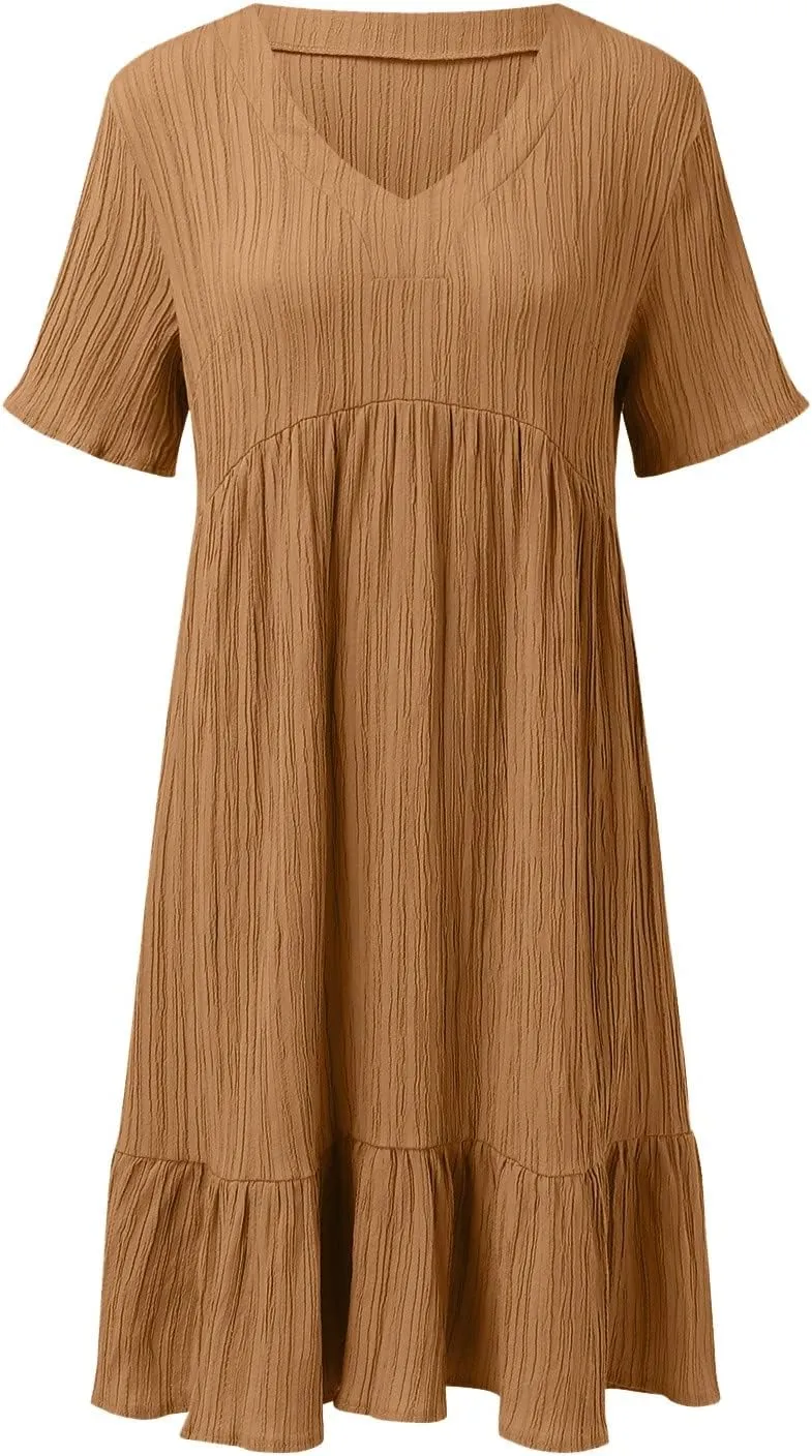 Women V Neck Babydoll Dresses 2025 Summer Short Sleeve Ruffle Swing Flowy Loose Fit Casual Summer Mini Cute Dress