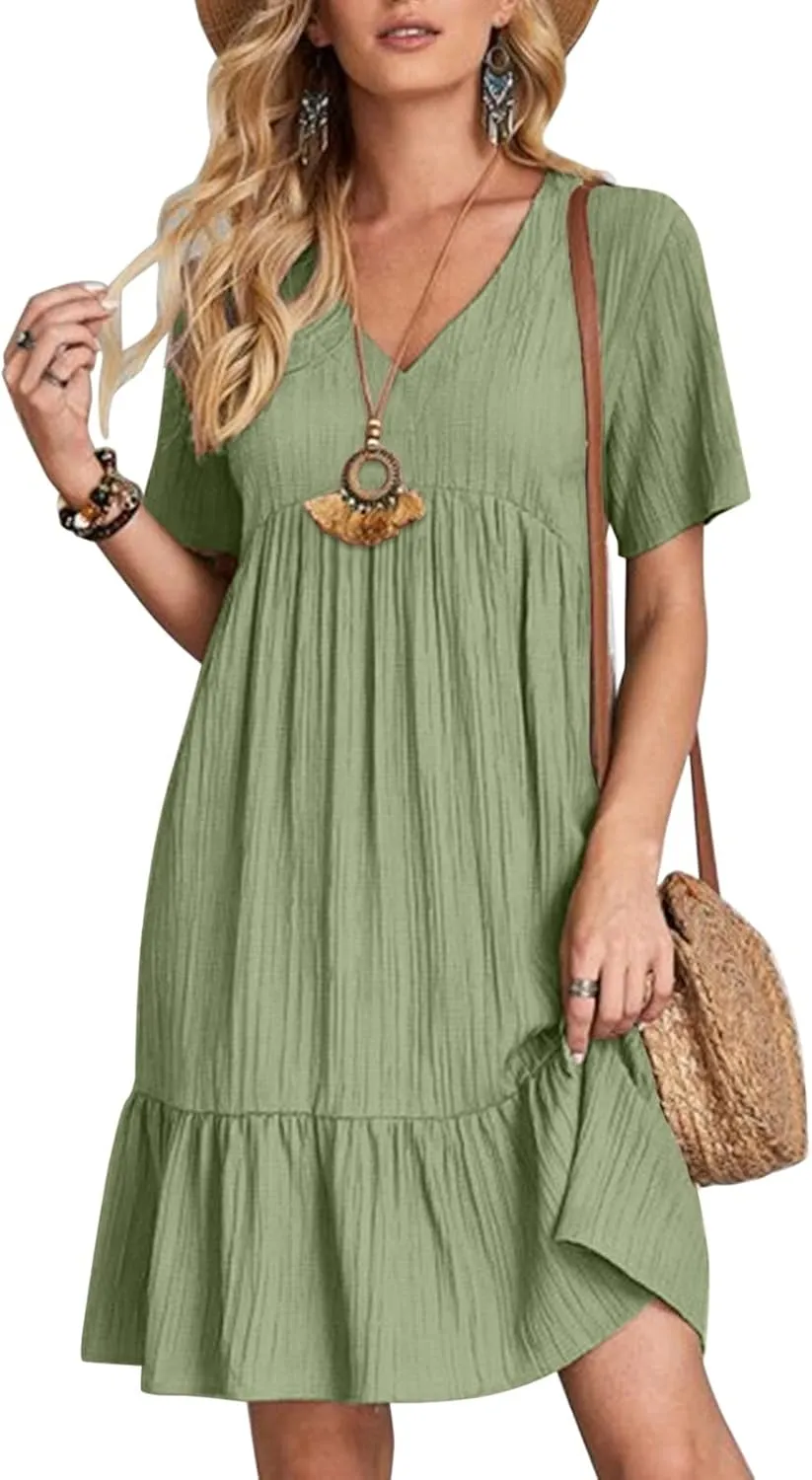 Women V Neck Babydoll Dresses 2025 Summer Short Sleeve Ruffle Swing Flowy Loose Fit Casual Summer Mini Cute Dress