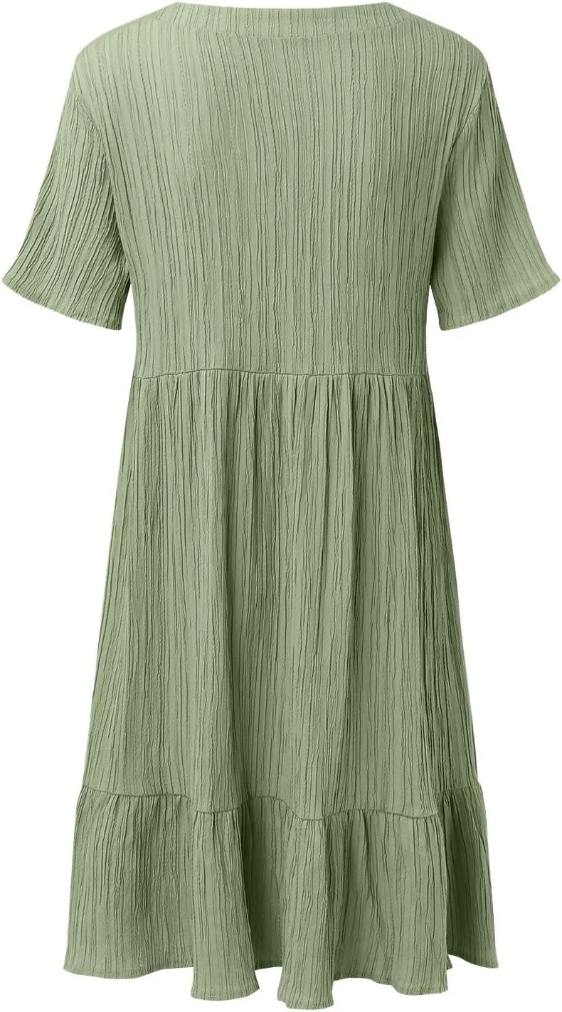 Women V Neck Babydoll Dresses 2025 Summer Short Sleeve Ruffle Swing Flowy Loose Fit Casual Summer Mini Cute Dress