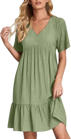 Women V Neck Babydoll Dresses 2025 Summer Short Sleeve Ruffle Swing Flowy Loose Fit Casual Summer Mini Cute Dress