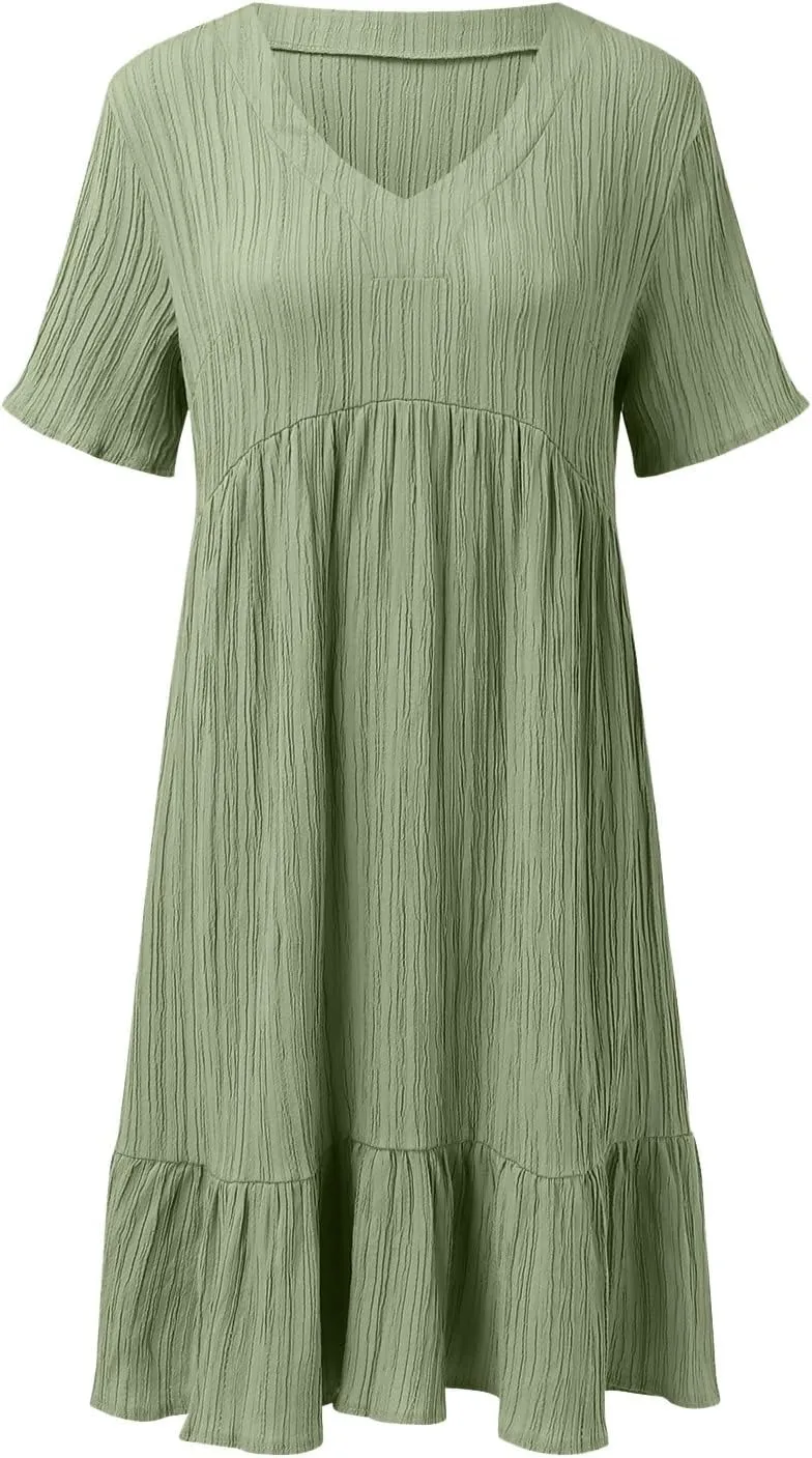 Women V Neck Babydoll Dresses 2025 Summer Short Sleeve Ruffle Swing Flowy Loose Fit Casual Summer Mini Cute Dress