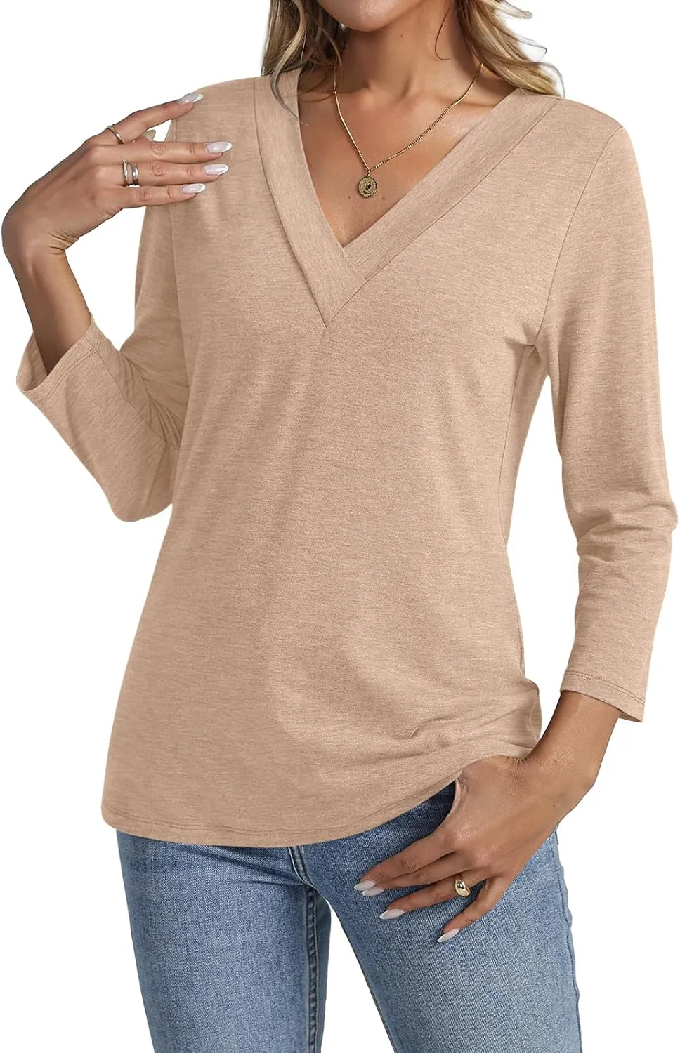 Women's 3/4 Sleeve Shirts V Neck Summer Tops Casual Tunics Tops Basic Tees Blouse Loose Fit