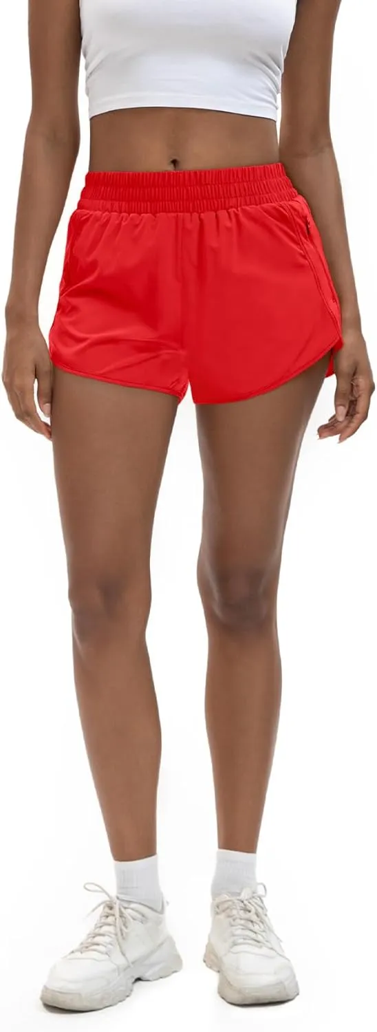 Women's 3" High Waisted Running Shorts Quick Dry Dolphin Sporty Athletic Gym Track Shorts for Women with Zipper Pocket