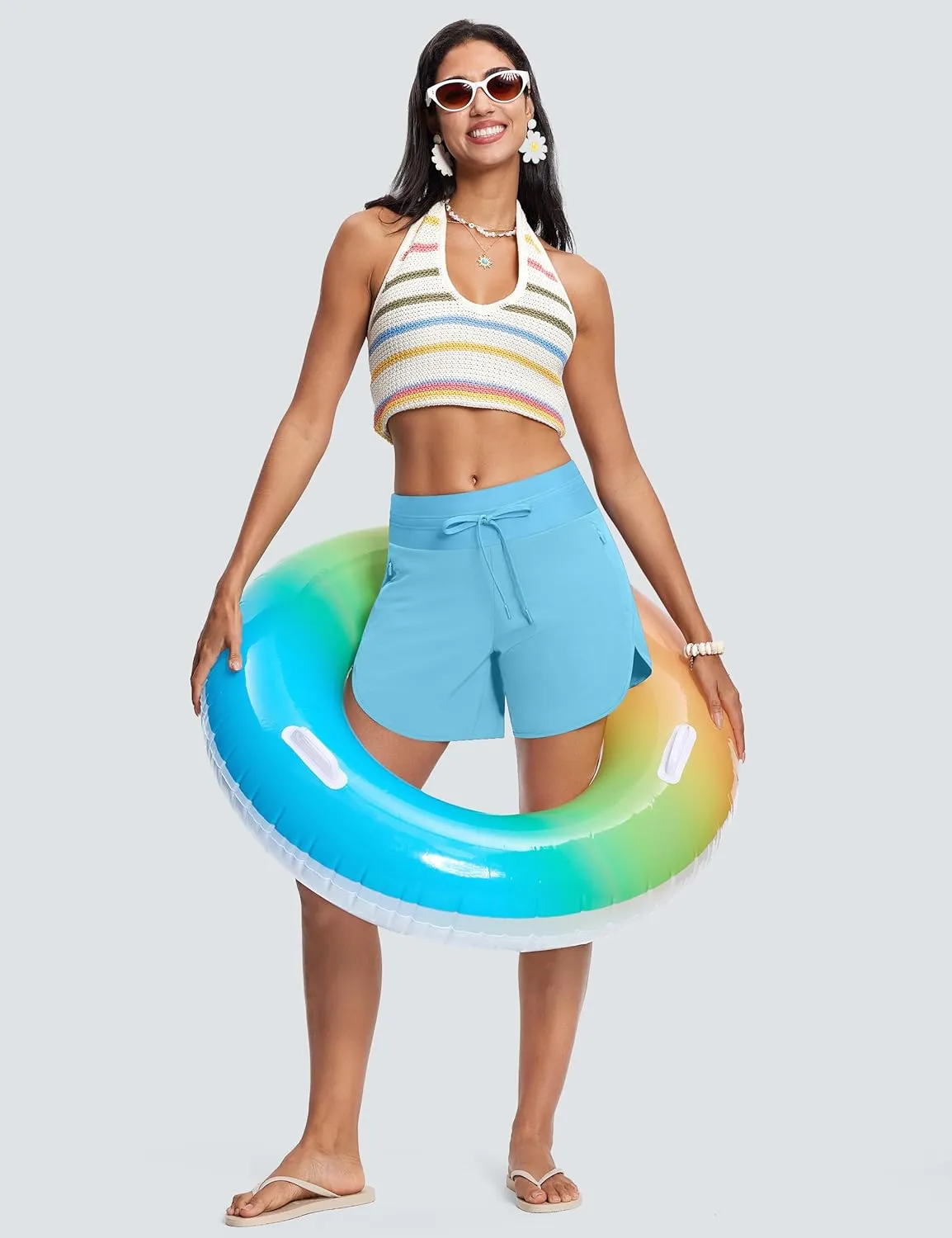 Womens 5.5" Swim Shorts High Waisted Board Shorts with Pockets Quick Dry UPF 50  Beach Shorts with Liner