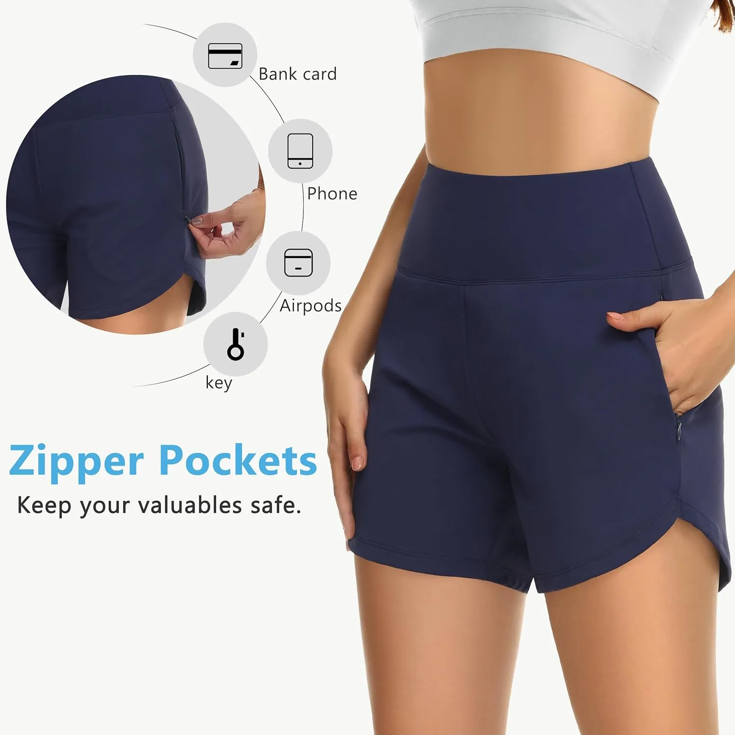 Womens' 5" Swim Shorts Tummy Control Quick Dry Swimsuit Bottom High Waist Loose Fitting with Zipper Pocket Liner UPF50 