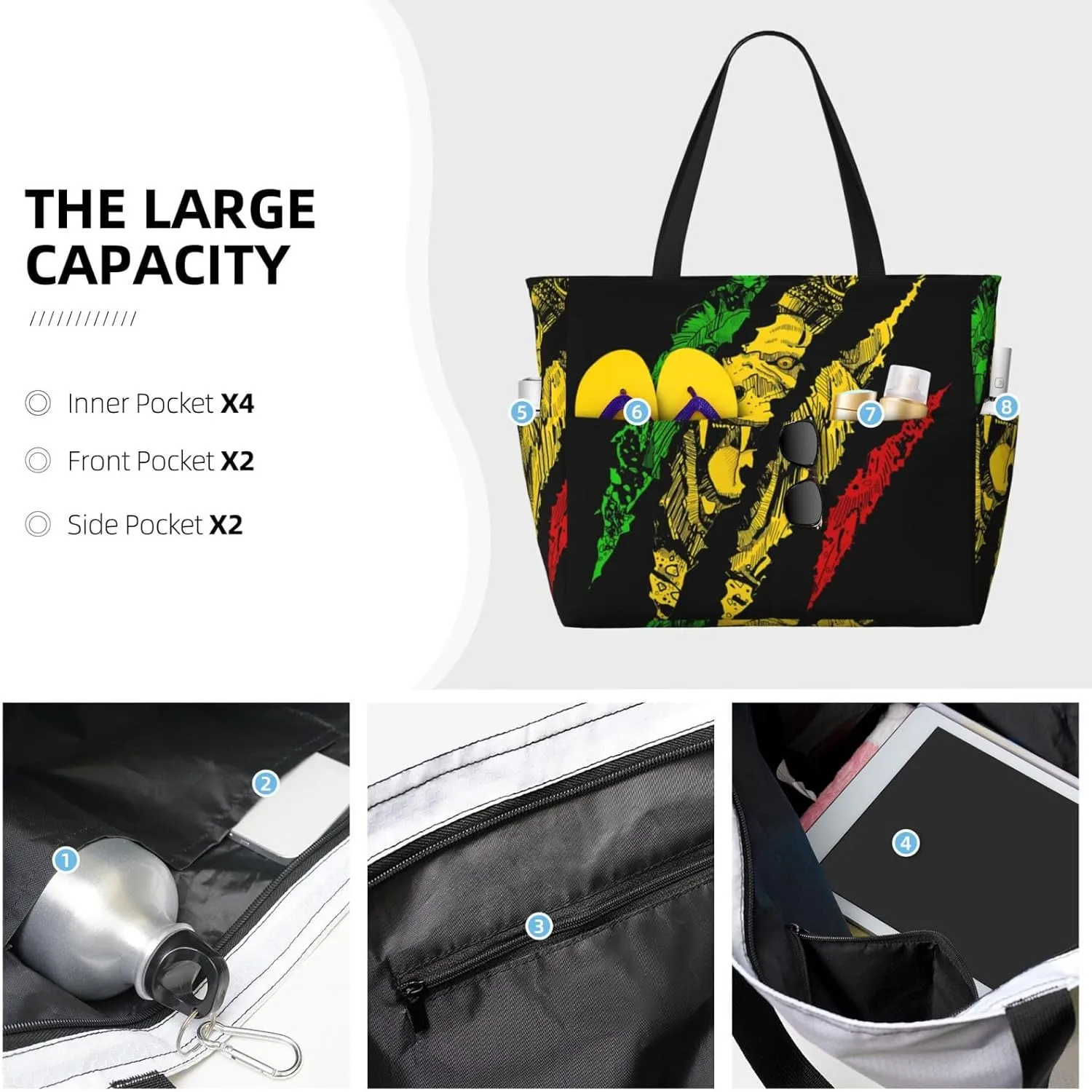 Women's Beach Travel Bags Large Waterproof Tote Bag with Pockets Sandproof Handbag for Beach Gym Vacation