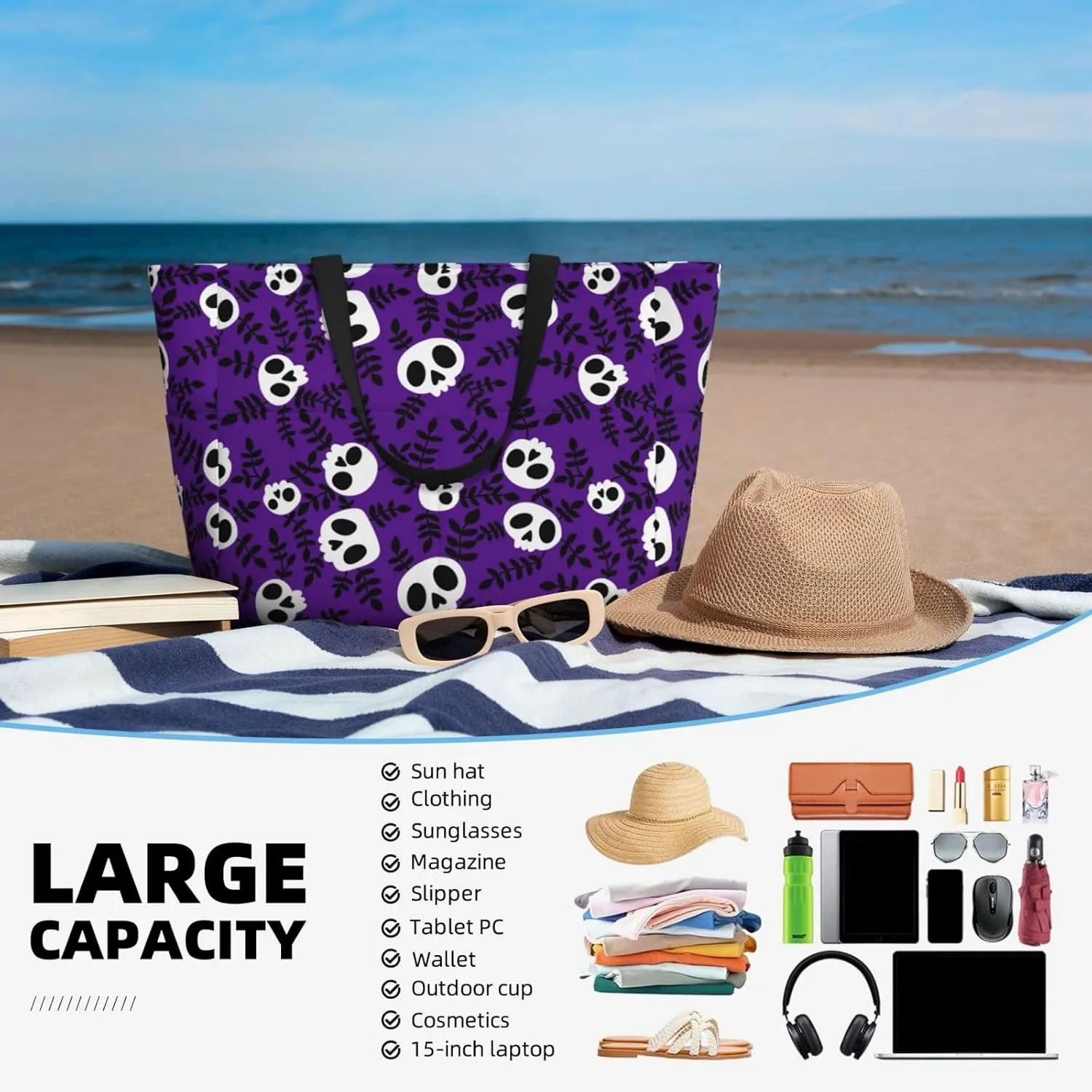 Women's Beach Travel Bags Large Waterproof Tote Bag with Pockets Sandproof Handbag for Beach Gym Vacation
