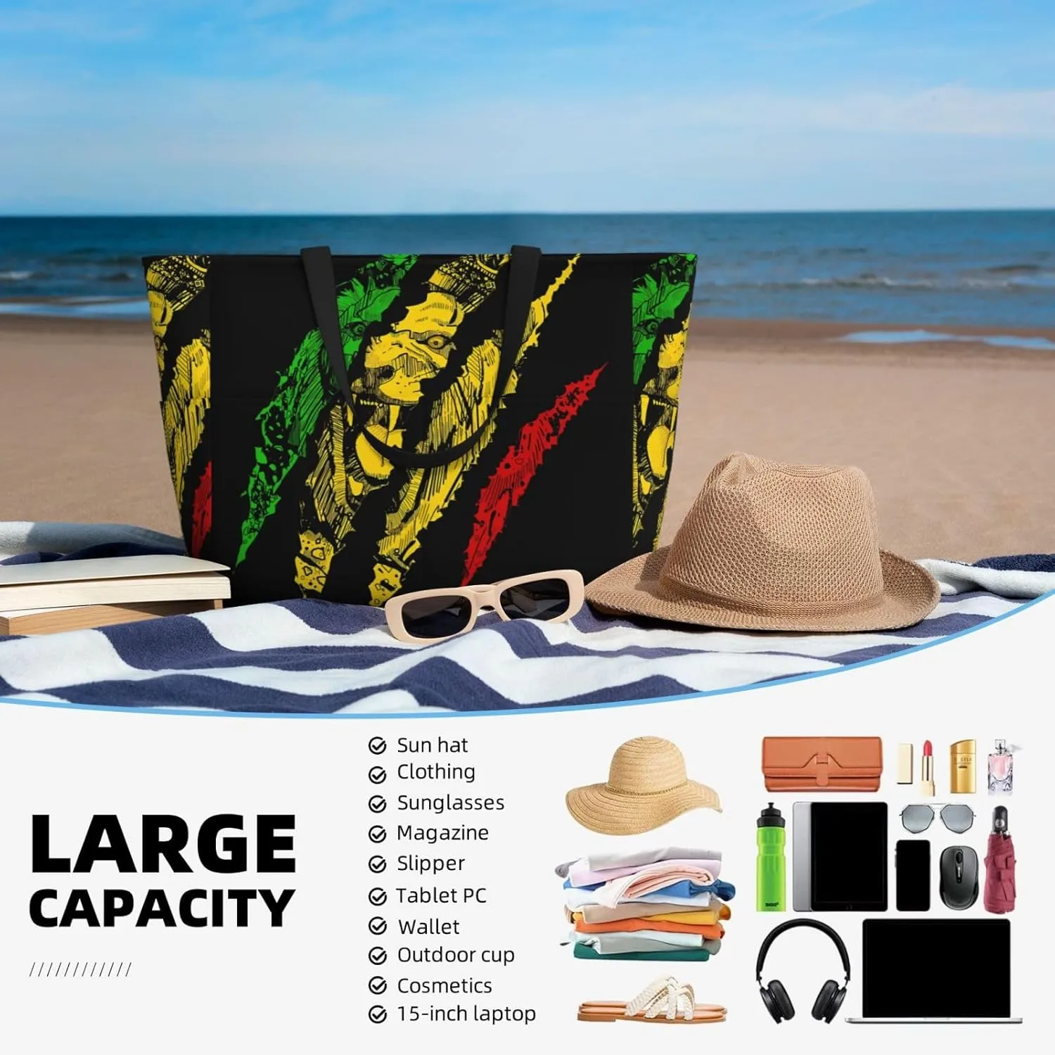 Women's Beach Travel Bags Large Waterproof Tote Bag with Pockets Sandproof Handbag for Beach Gym Vacation