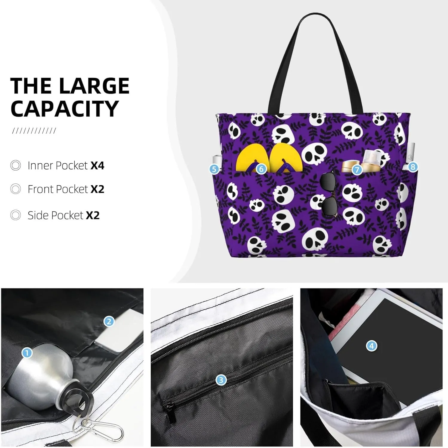 Women's Beach Travel Bags Large Waterproof Tote Bag with Pockets Sandproof Handbag for Beach Gym Vacation