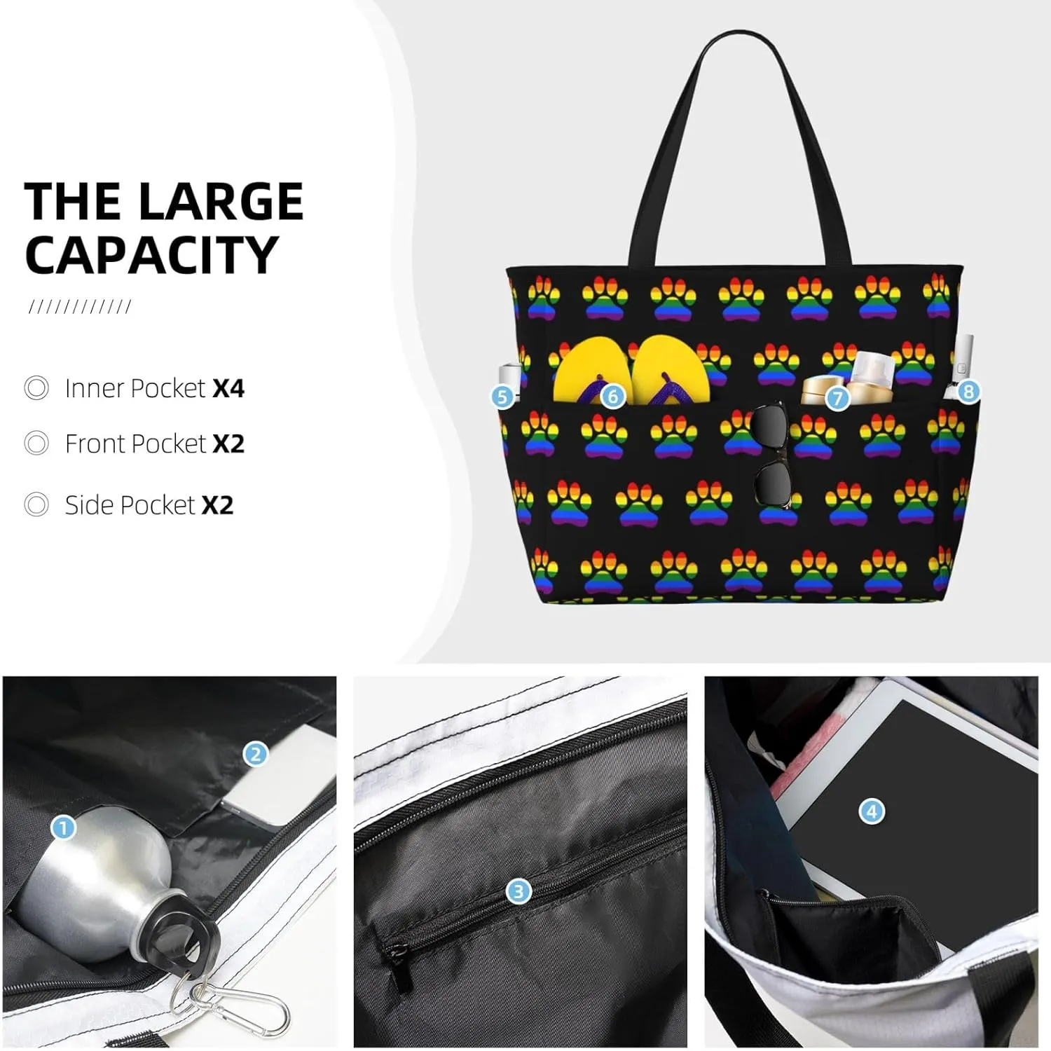 Women's Beach Travel Bags Large Waterproof Tote Bag with Pockets Sandproof Handbag for Beach Gym Vacation