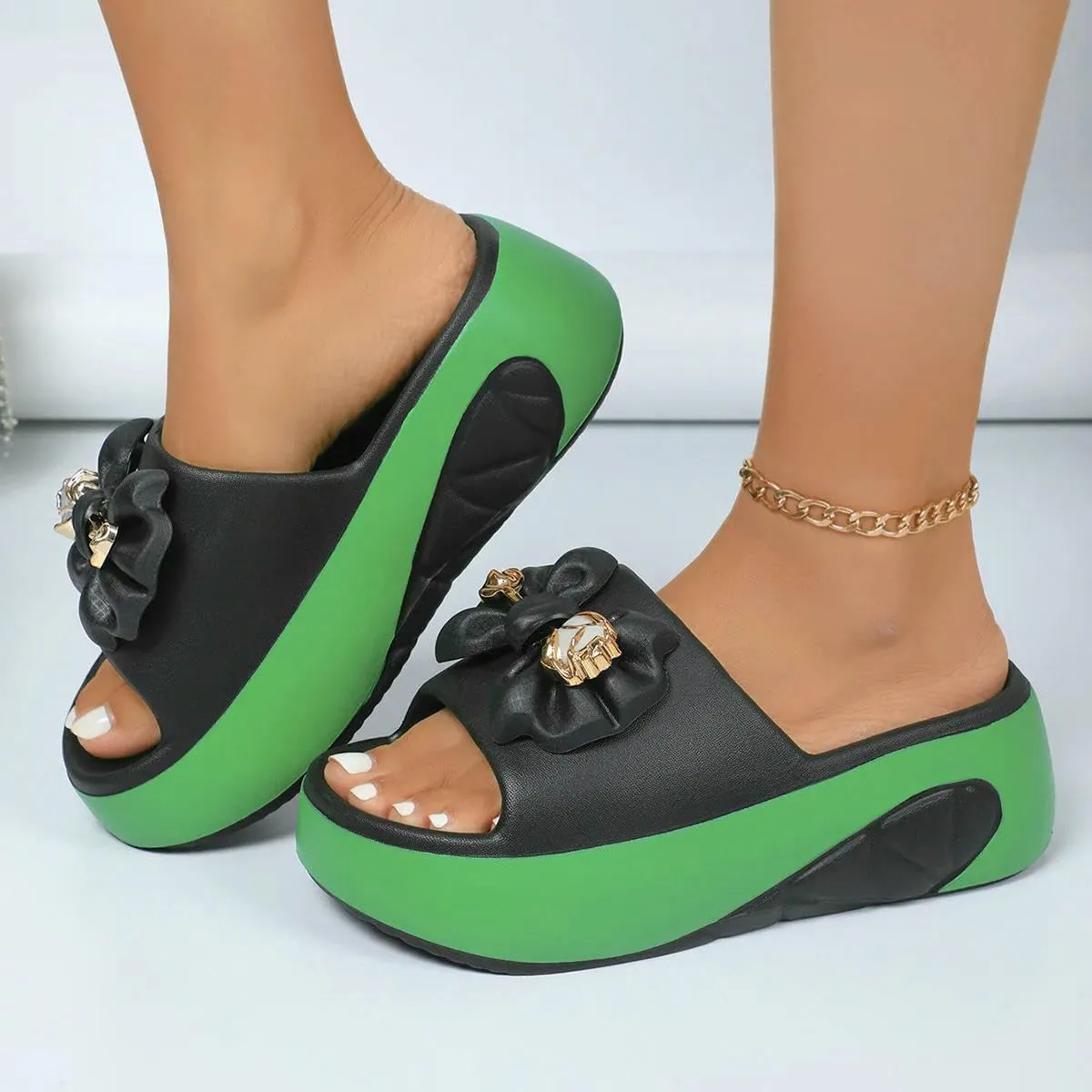 Women's Clogs Metal Bow Thick-Soled Slippers Summer Home Thick-Soled Slippers Outdoor Beach Shoes