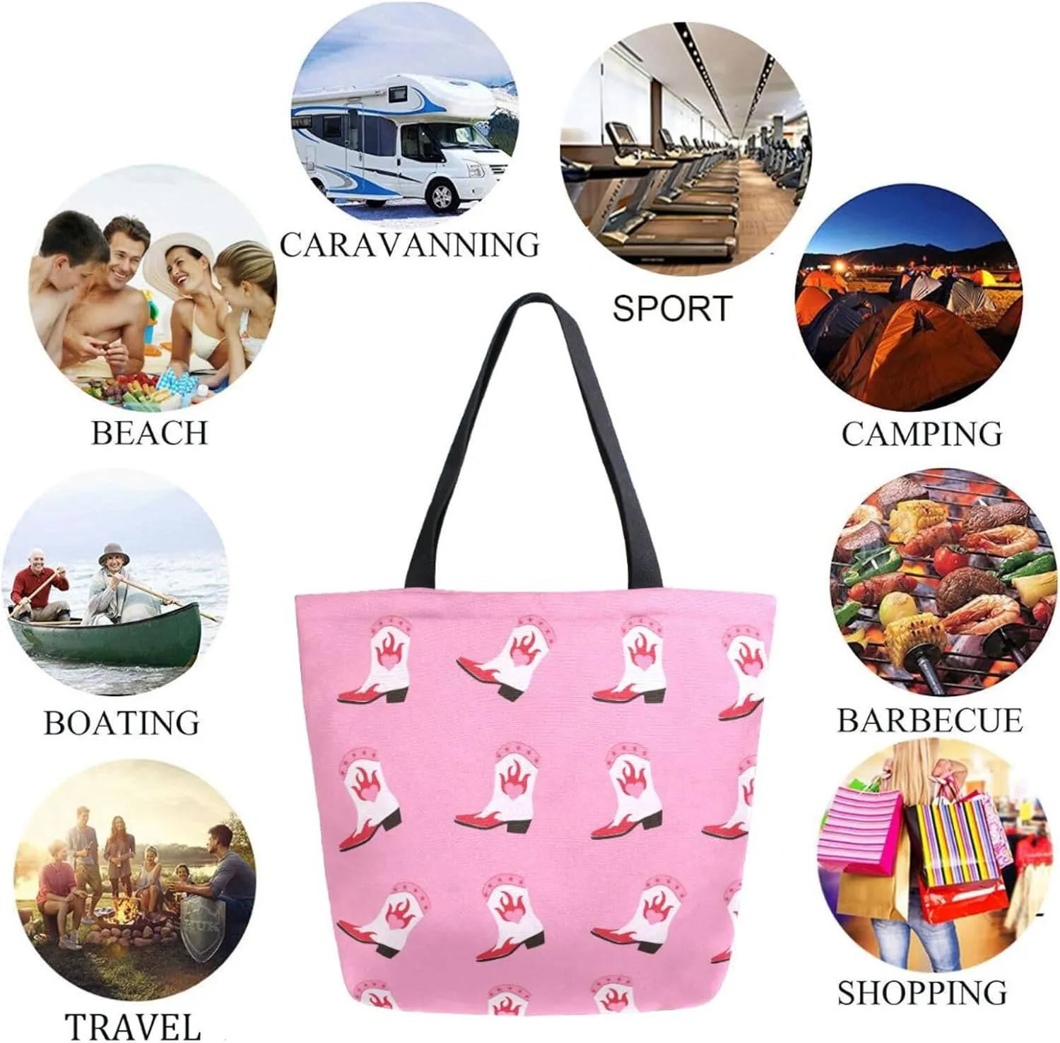 Womens Extra Large Shoulder Grocery Tote Bag, Cowboy Boots Cowgirl Western Pink Canvas Durable Daily Handle Bag Reusable for Gym Yoga Weekender Picnic Beach Travel Kitchen Market Shopping