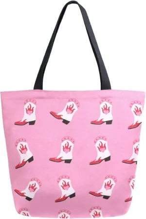 Womens Extra Large Shoulder Grocery Tote Bag, Cowboy Boots Cowgirl Western Pink Canvas Durable Daily Handle Bag Reusable for Gym Yoga Weekender Picnic Beach Travel Kitchen Market Shopping