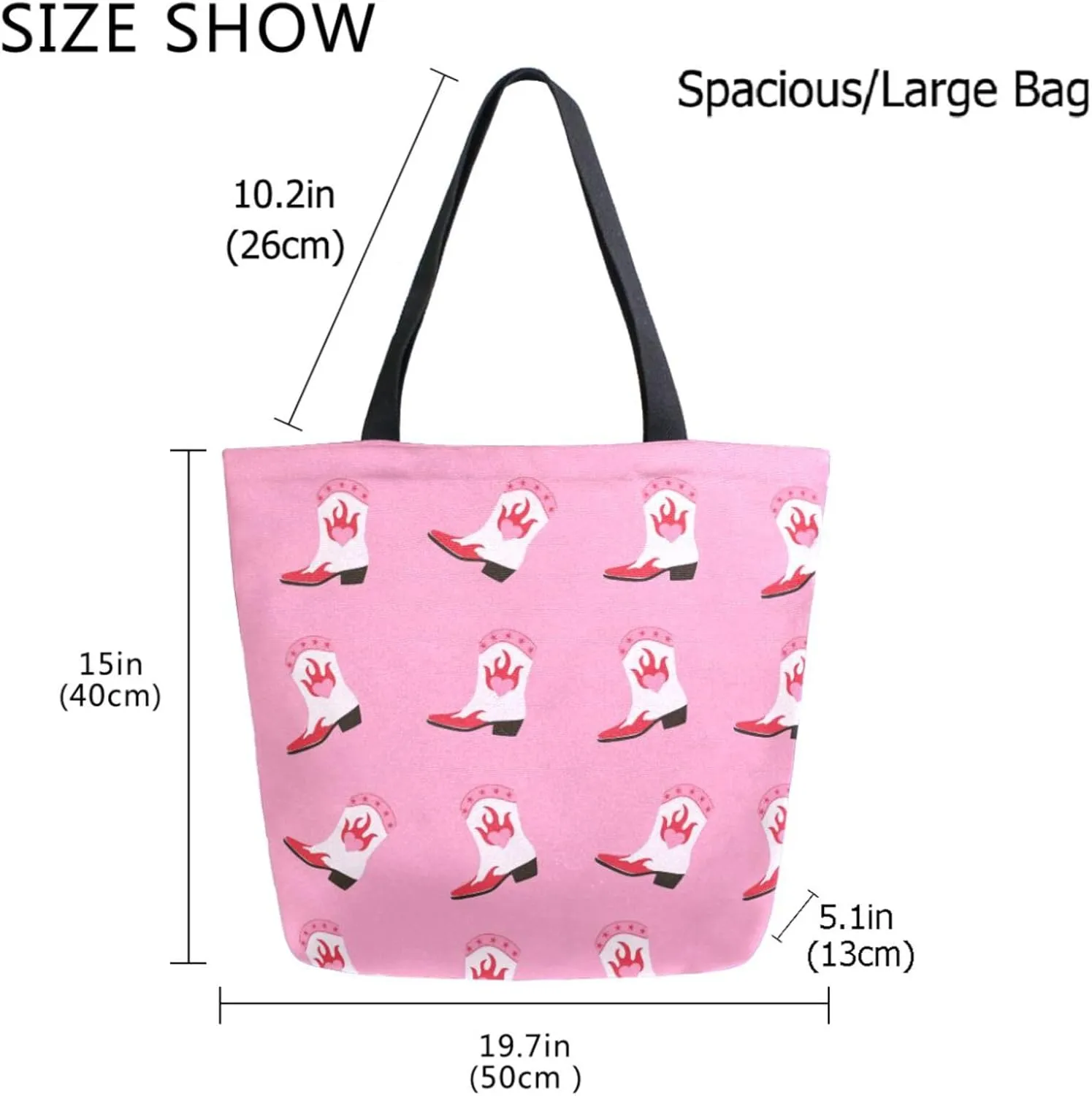 Womens Extra Large Shoulder Grocery Tote Bag, Cowboy Boots Cowgirl Western Pink Canvas Durable Daily Handle Bag Reusable for Gym Yoga Weekender Picnic Beach Travel Kitchen Market Shopping