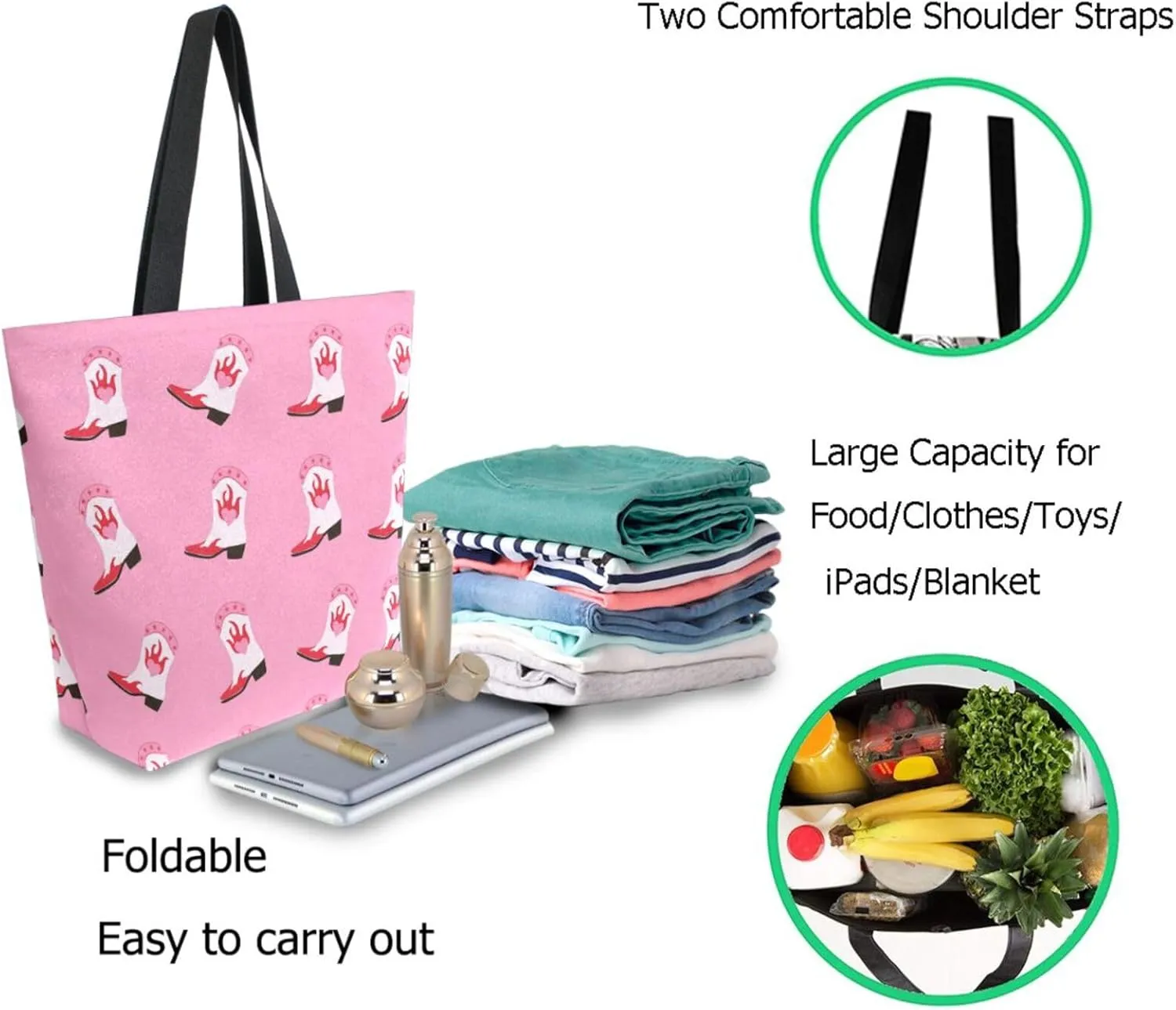 Womens Extra Large Shoulder Grocery Tote Bag, Cowboy Boots Cowgirl Western Pink Canvas Durable Daily Handle Bag Reusable for Gym Yoga Weekender Picnic Beach Travel Kitchen Market Shopping