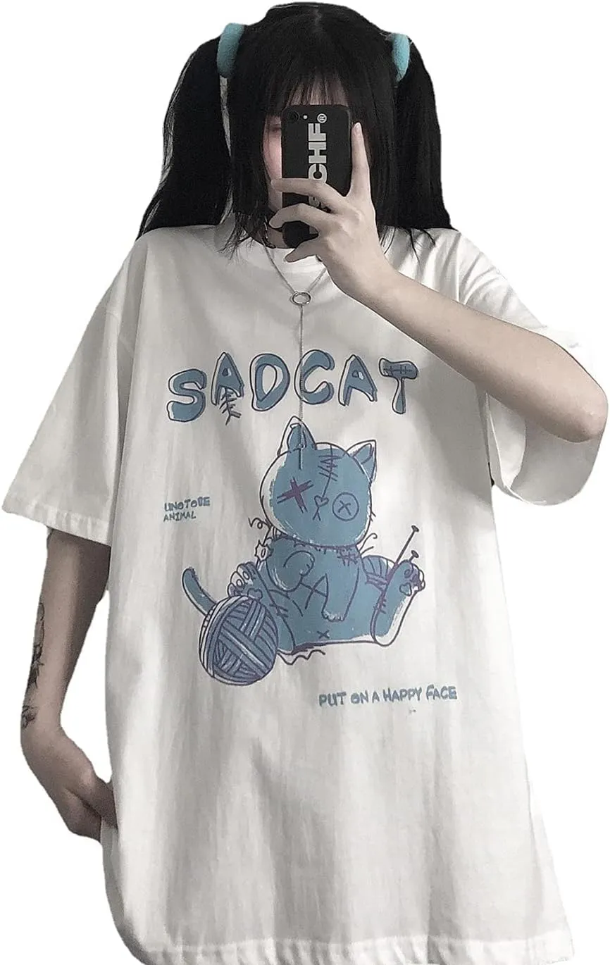 Women's Goth T-Shirt Summer Graphic Harajuku Gothic Creepy Cat Print Novelty Short Sleeve Top