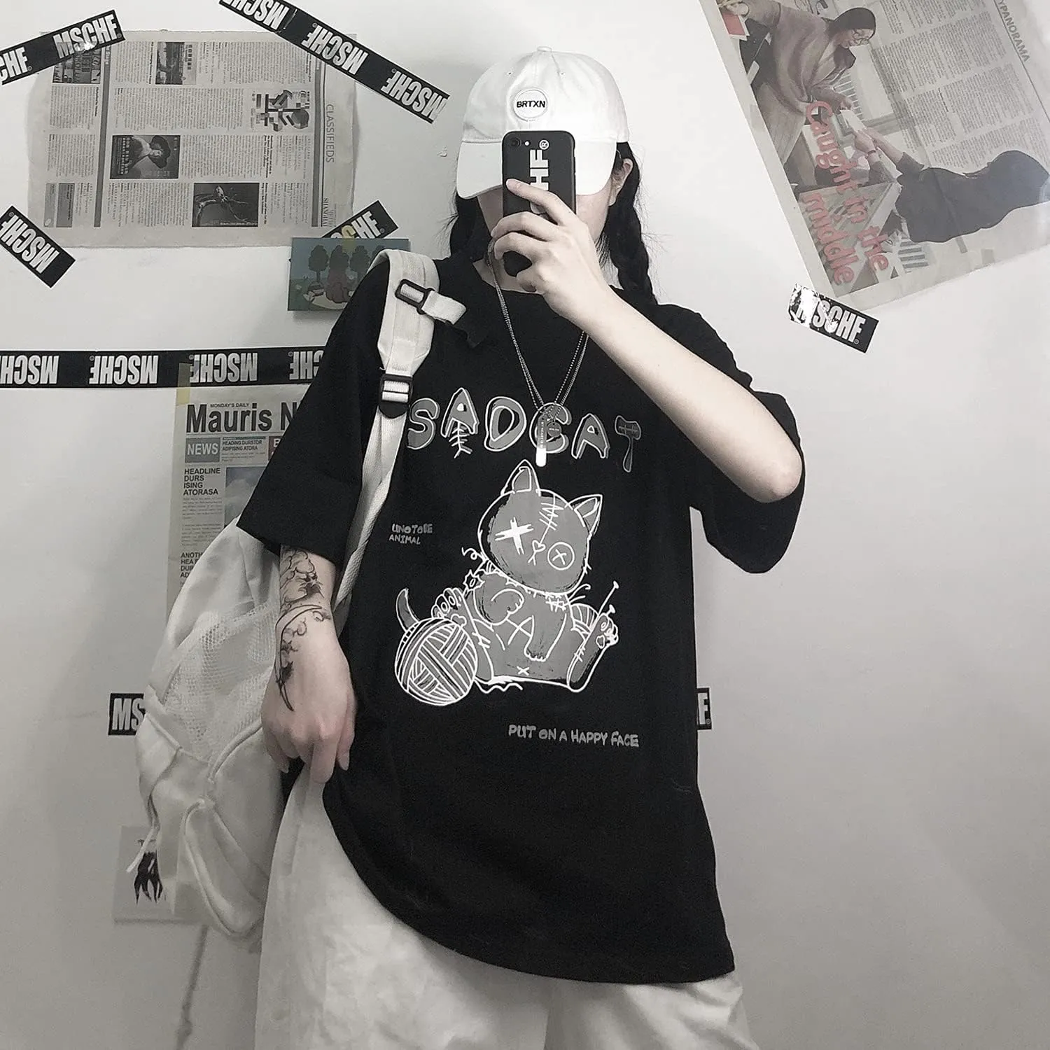 Women's Goth T-Shirt Summer Graphic Harajuku Gothic Creepy Cat Print Novelty Short Sleeve Top