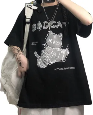 Women's Goth T-Shirt Summer Graphic Harajuku Gothic Creepy Cat Print Novelty Short Sleeve Top