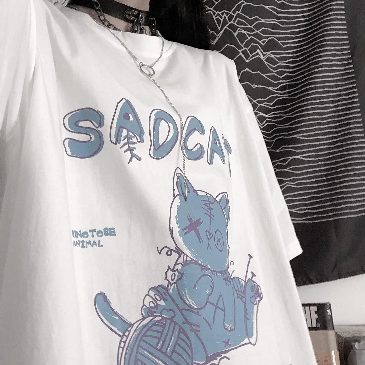 Women's Goth T-Shirt Summer Graphic Harajuku Gothic Creepy Cat Print Novelty Short Sleeve Top