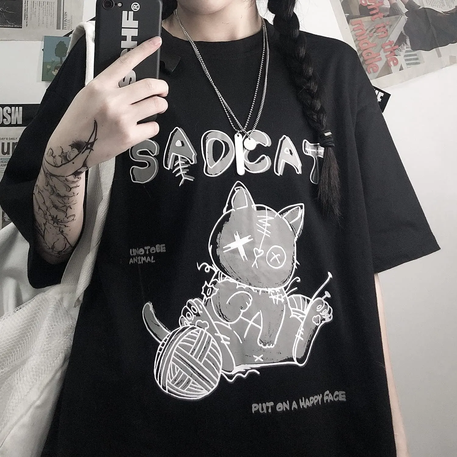 Women's Goth T-Shirt Summer Graphic Harajuku Gothic Creepy Cat Print Novelty Short Sleeve Top