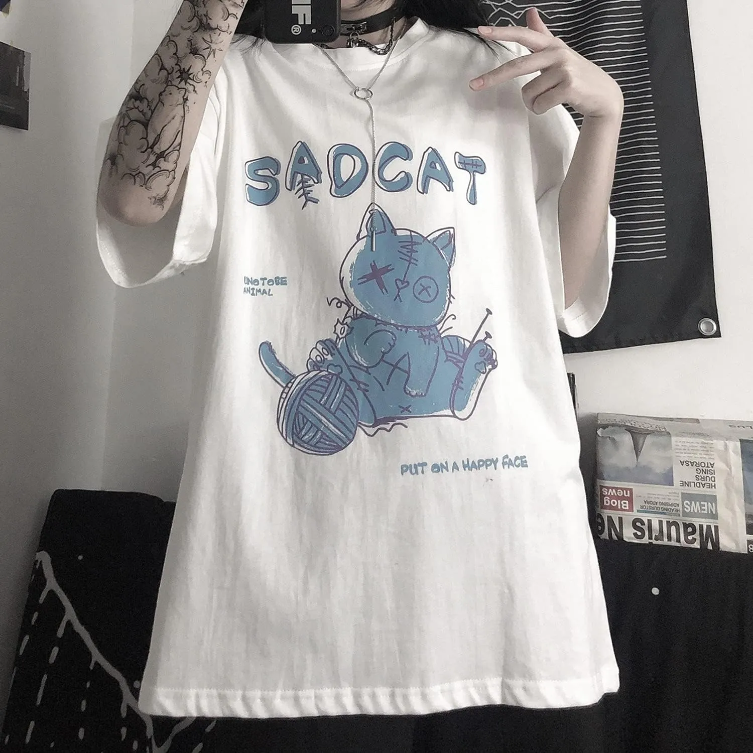 Women's Goth T-Shirt Summer Graphic Harajuku Gothic Creepy Cat Print Novelty Short Sleeve Top