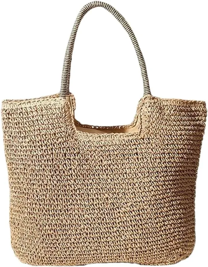Women's Handwoven Straw Bag Large Capacity Single Shoulder Tote Polyester Lining For Beach Vacation