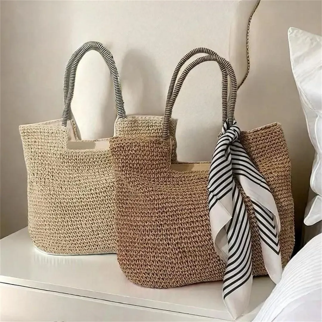 Women's Handwoven Straw Bag Large Capacity Single Shoulder Tote Polyester Lining For Beach Vacation