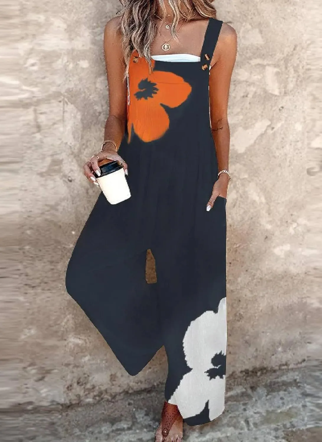 Women's Large Floral Print Straps Sleeveless Overalls Side Pockets Loose Fit Jumpsuit Summer Casual Rompers for Women