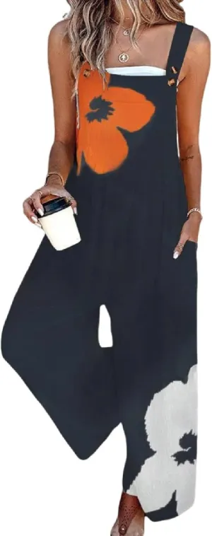 Women's Large Floral Print Straps Sleeveless Overalls Side Pockets Loose Fit Jumpsuit Summer Casual Rompers for Women