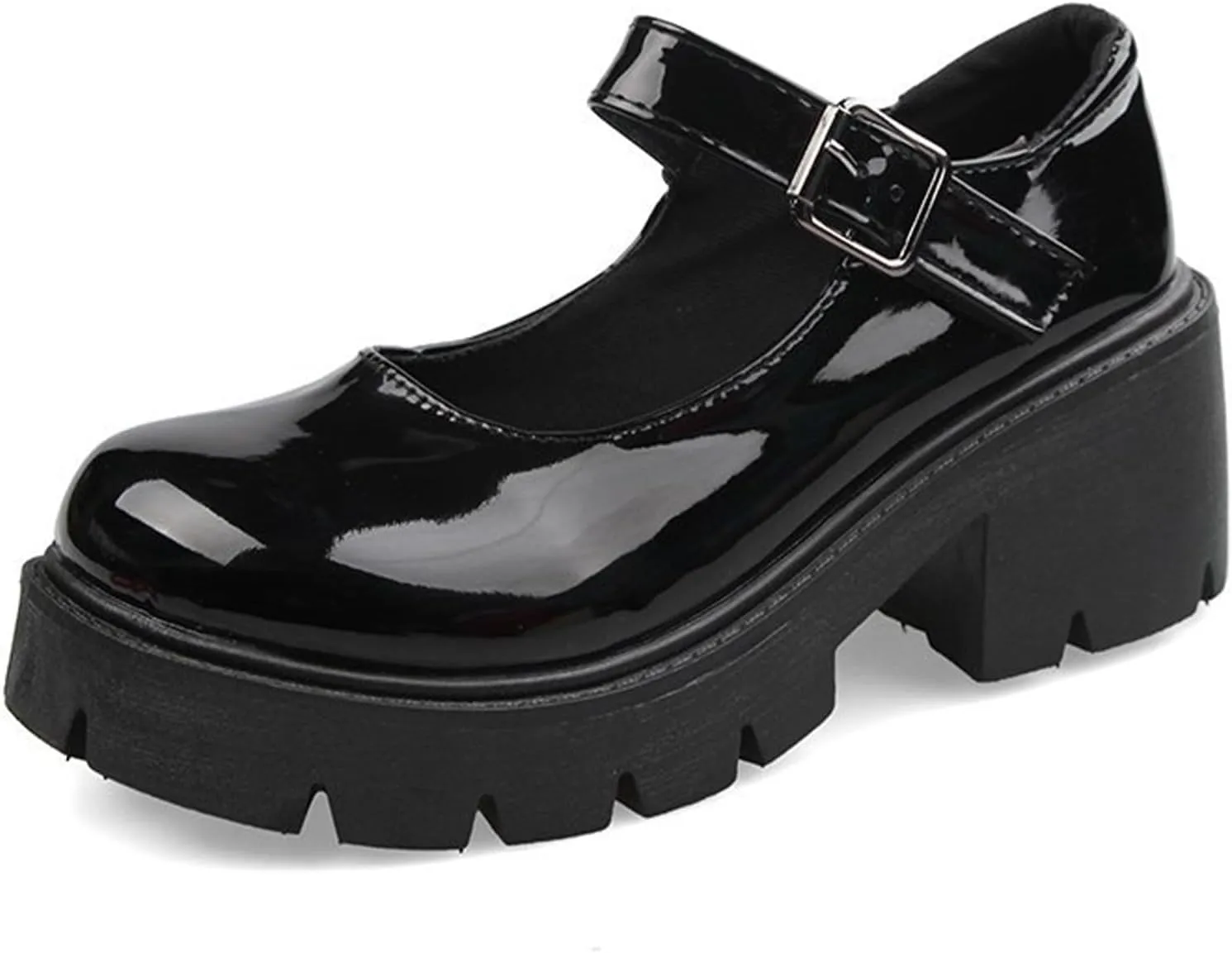Women's Leather Chunky Platform Mary Jane Shoes Classic Round Toe Ankle Strap Chunky Heel Lug Sole Work Dress Pumps
