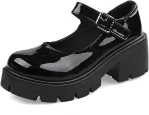 Women's Leather Chunky Platform Mary Jane Shoes Classic Round Toe Ankle Strap Chunky Heel Lug Sole Work Dress Pumps